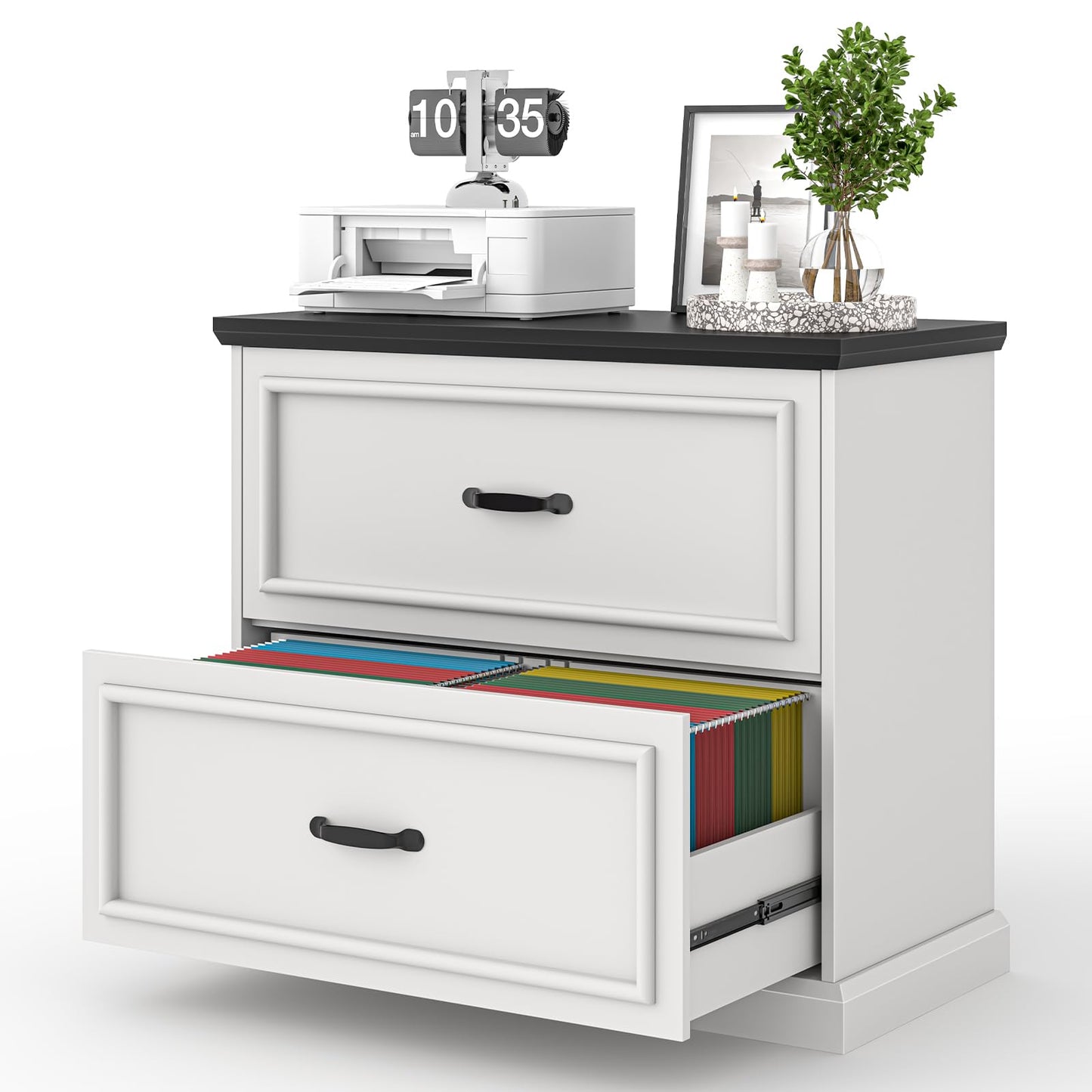 Halitaa 2 Drawer File Cabinet, Farmhouse Lateral Filing Cabinet for Letter/A4/Legal Size Hanging Files, Large Wood File Storage Cabinets Printer Stand for Home Office, White and Black