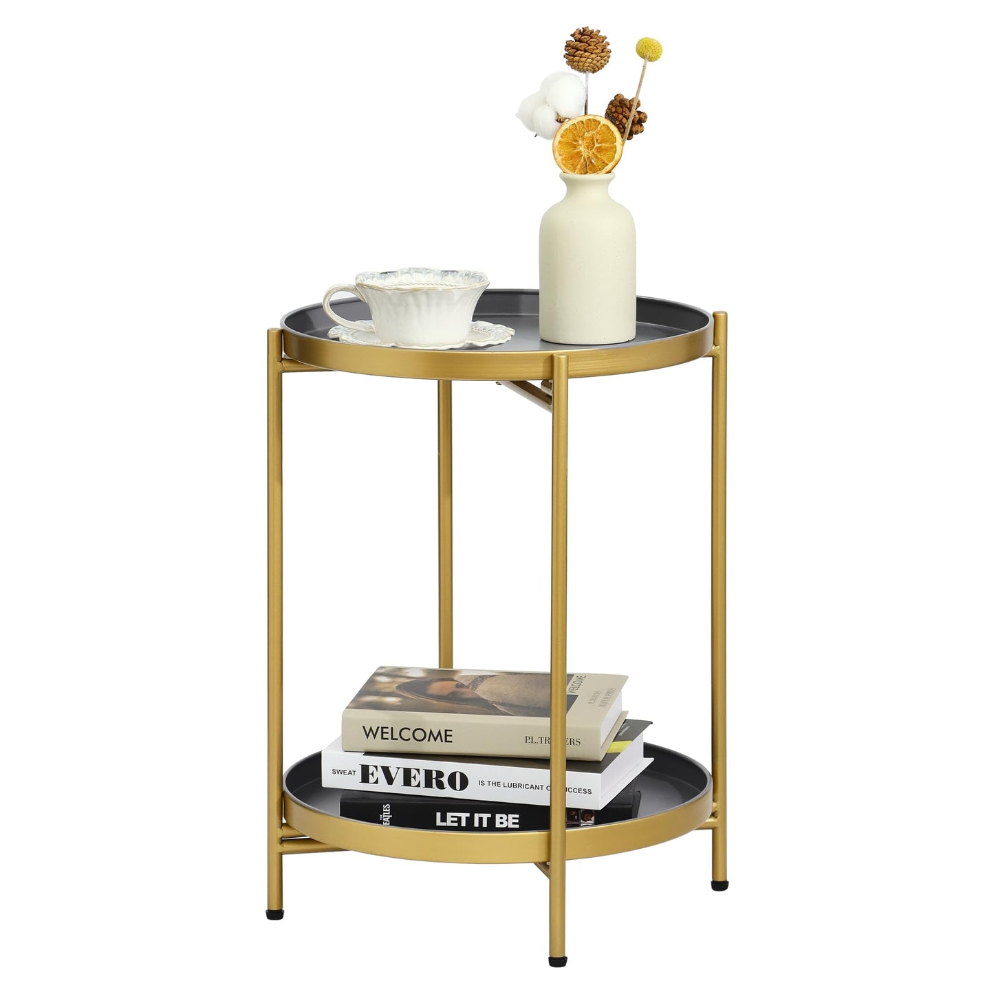 Mordchil HF 2-Tier Round End Side Table, Small Metal Side Table with Removable Tray, Folding Accent Tables for Living Room, Balcony, Nightstand for Bedroom, Outdoor Tables for Patio, Gold&Grey