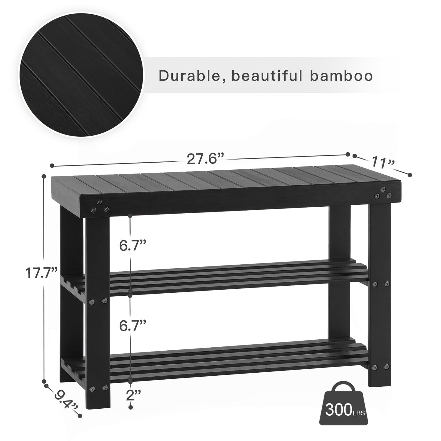 Apicizon Bamboo Shoe Rack for Entryway, 3-Tier Shoe Rack Bench for Front Door Entrance, Small Shoe Organizer with Storage, Black