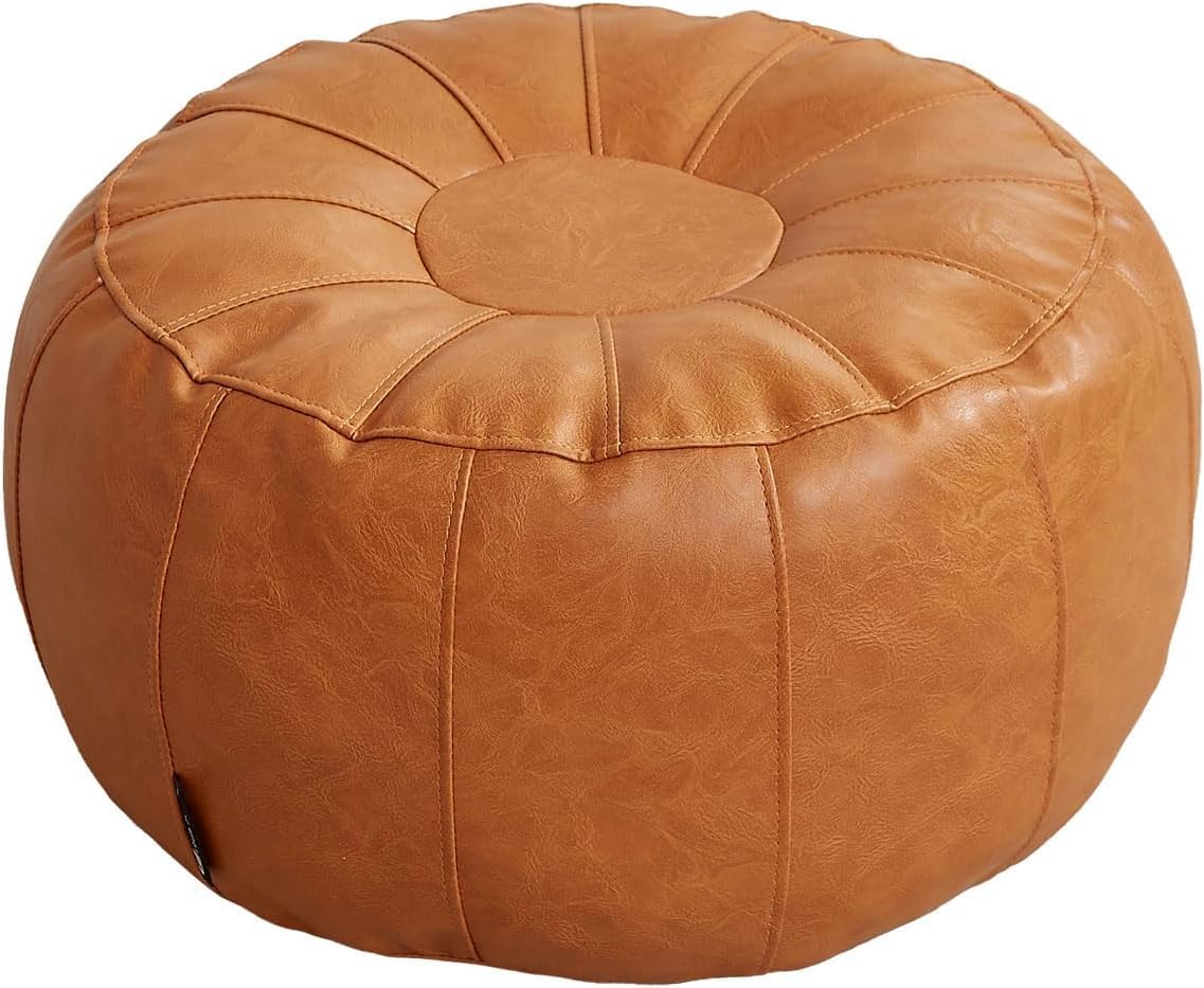 Louis Donné Unstuffed Pouf Ottoman Foot Rest Cover, Waterproof Faux Leather DIY Small Bean Bag Cover, Pet Friendly Easy Clean Storage Floor Chair for Reading & Relaxing, Orange (Cover Only)