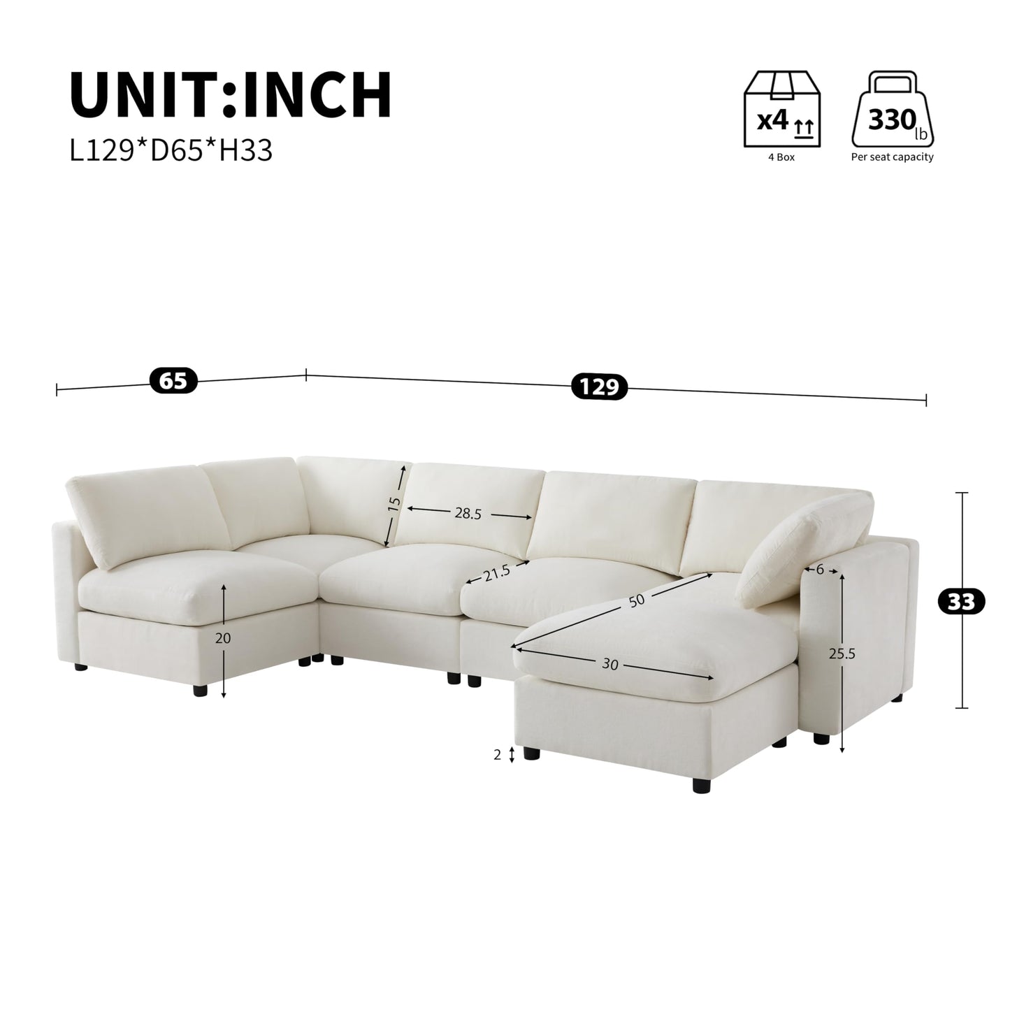 129-Inch U Shaped Sectional Cloud Couches with Movable Ottoman, Oversized Chenille Upholstered 6 Seat Modular Sofa Convertible Sleeper Couch for Living Room Office