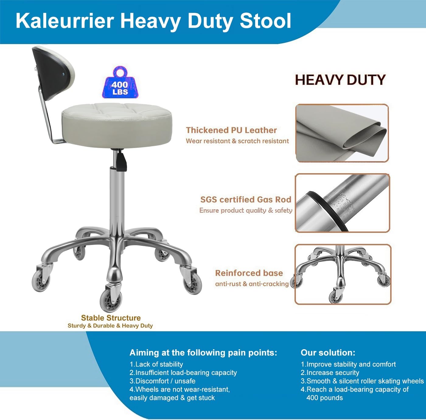 Kaleurrier Swivel Stool Chair Adjustable Height,Heavy Duty Hydraulic Rolling Metal Stool for Kitchen Salon Bar Office Drafting Massage Garage Shop (with Back Rest) (Grey)