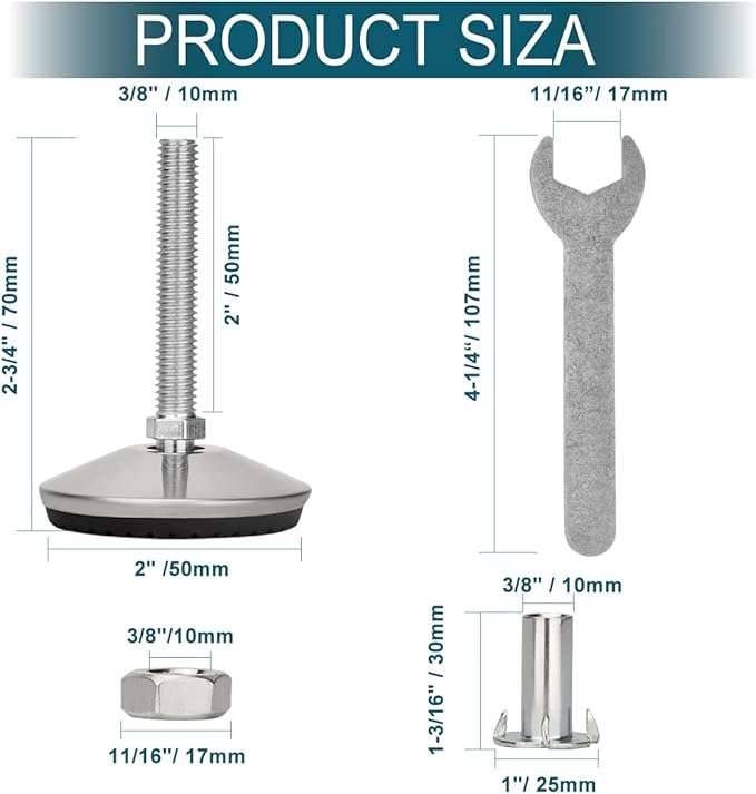 4 Set M10 Leveling Feet with 4-Pronged T Nut, Adjustable Leg Levelers Heavy