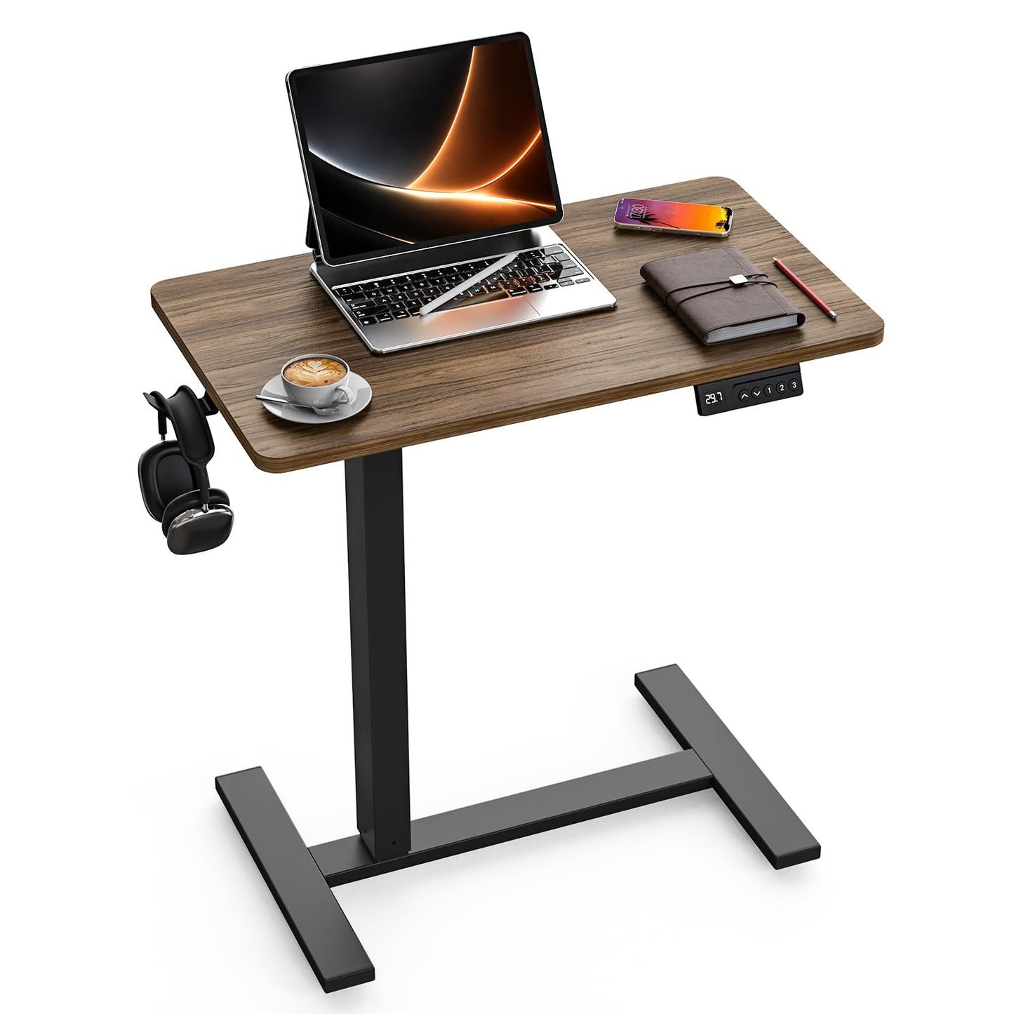 FiCiHi Small Electric Standing Desk - Adjustable Height Bedside Laptop Table with Wheels, Mobile, Portable Rolling Computer Workstation Sit Stand Table for Home Office, Sofa, Couch Use(28x16,Walnut)