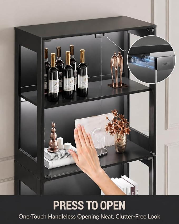 Glass Display Cabinet with Doors, 4-Tier Display Case with Adjustable Shelves