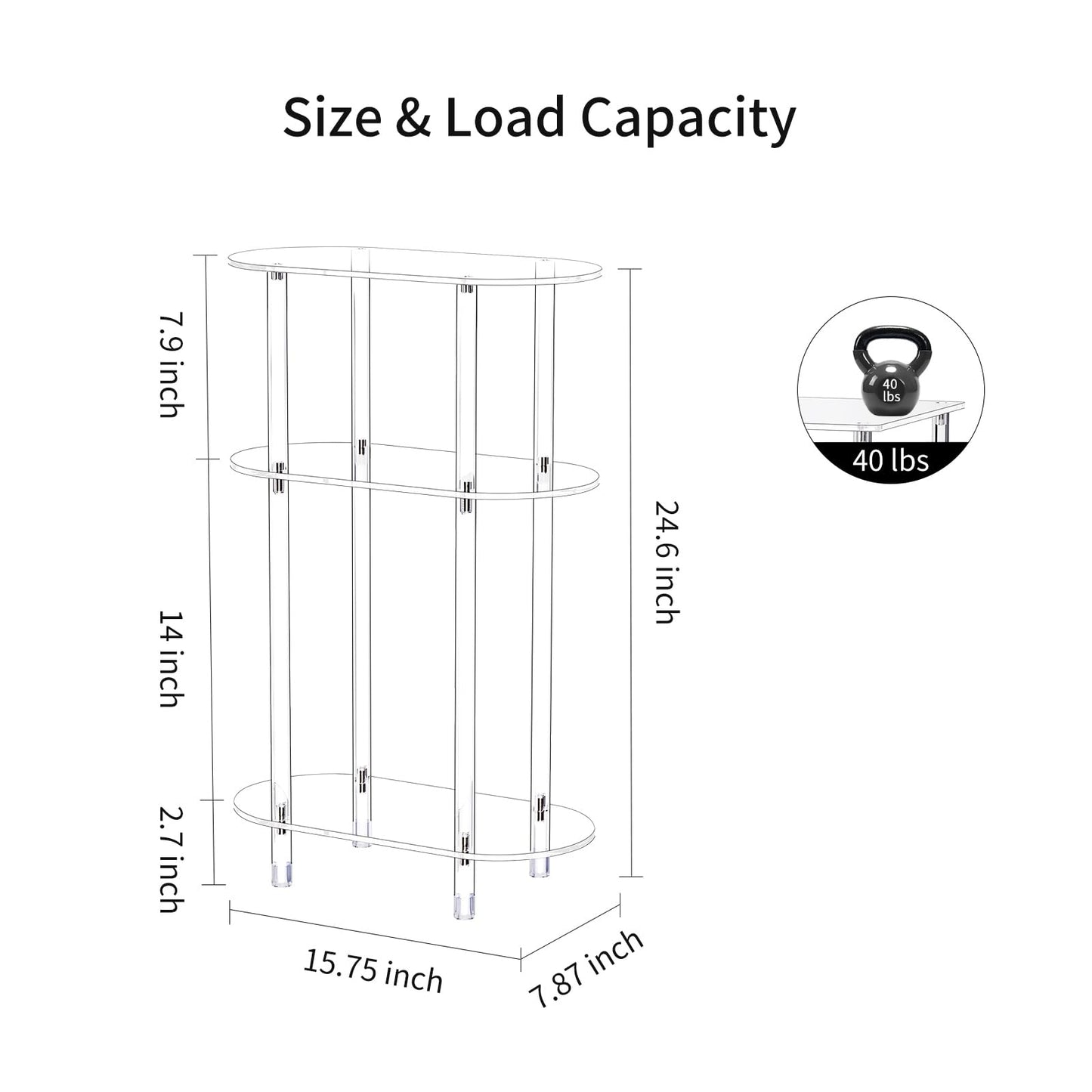 Bkemiy Clear Acrylic Narrow Side Table Set of 2 for Small Spaces, 15.75" L x 7.87" W x 24.6" H, 3 Tier Oval Slim End Table Nightstand, Small Skinny Bedside Table for Bedroom, Bathroom, Living Room