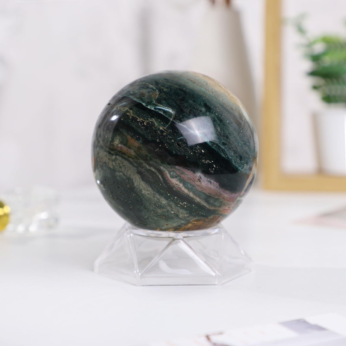 mookaitedecor Natural Ocean Jasper Crystal Ball with Acrylic Stand, 71-80 mm Feng Shui Divination Stone Sphere Sculpture for Home Office Table Display
