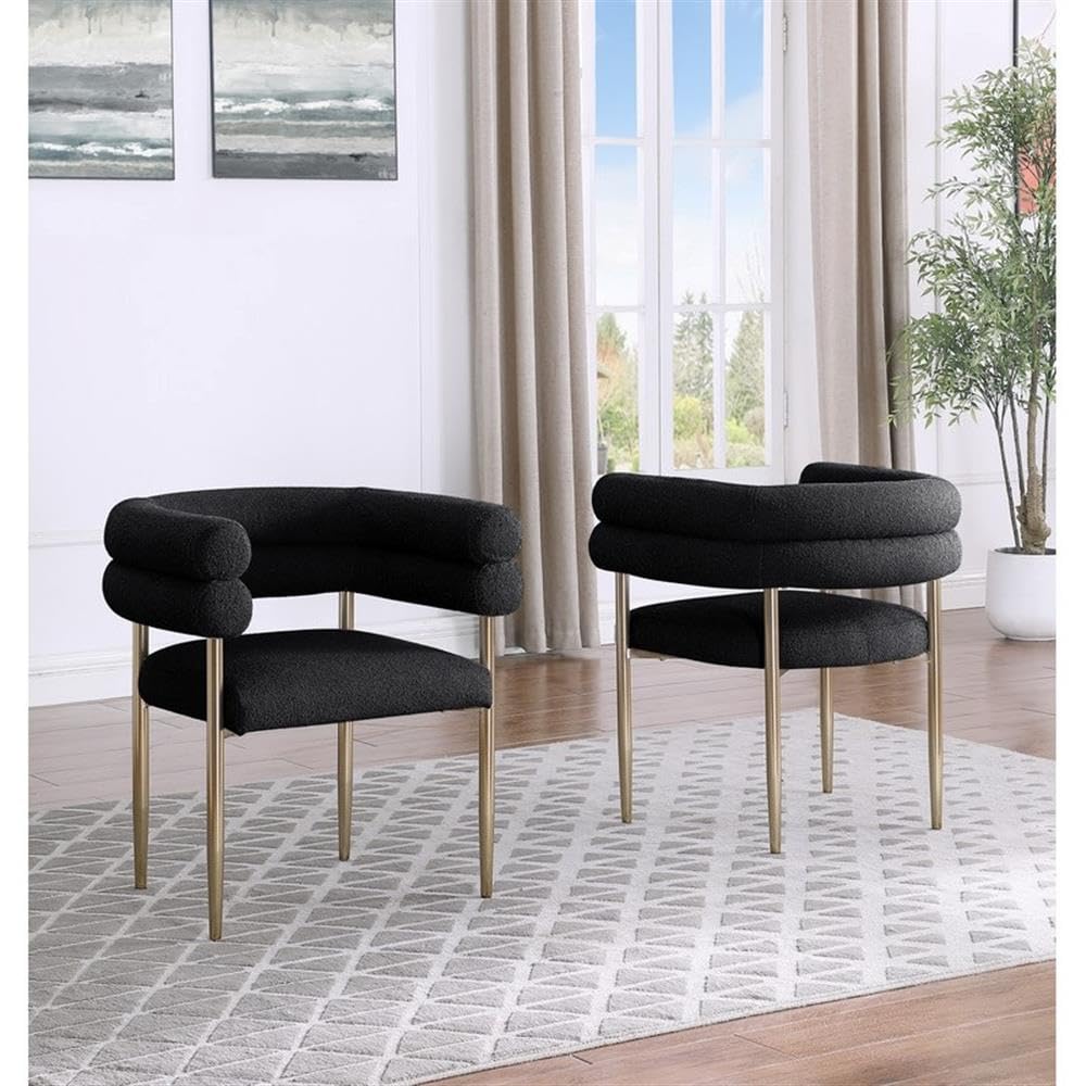 Modern Double Bolster Dining Chairs Set of 2, Teddy Upholstered Tub Chairs with Gold Base, Mid-Century Accent Chairs for Dining Room, Living Room, & Office (Black Teddy/Gold)