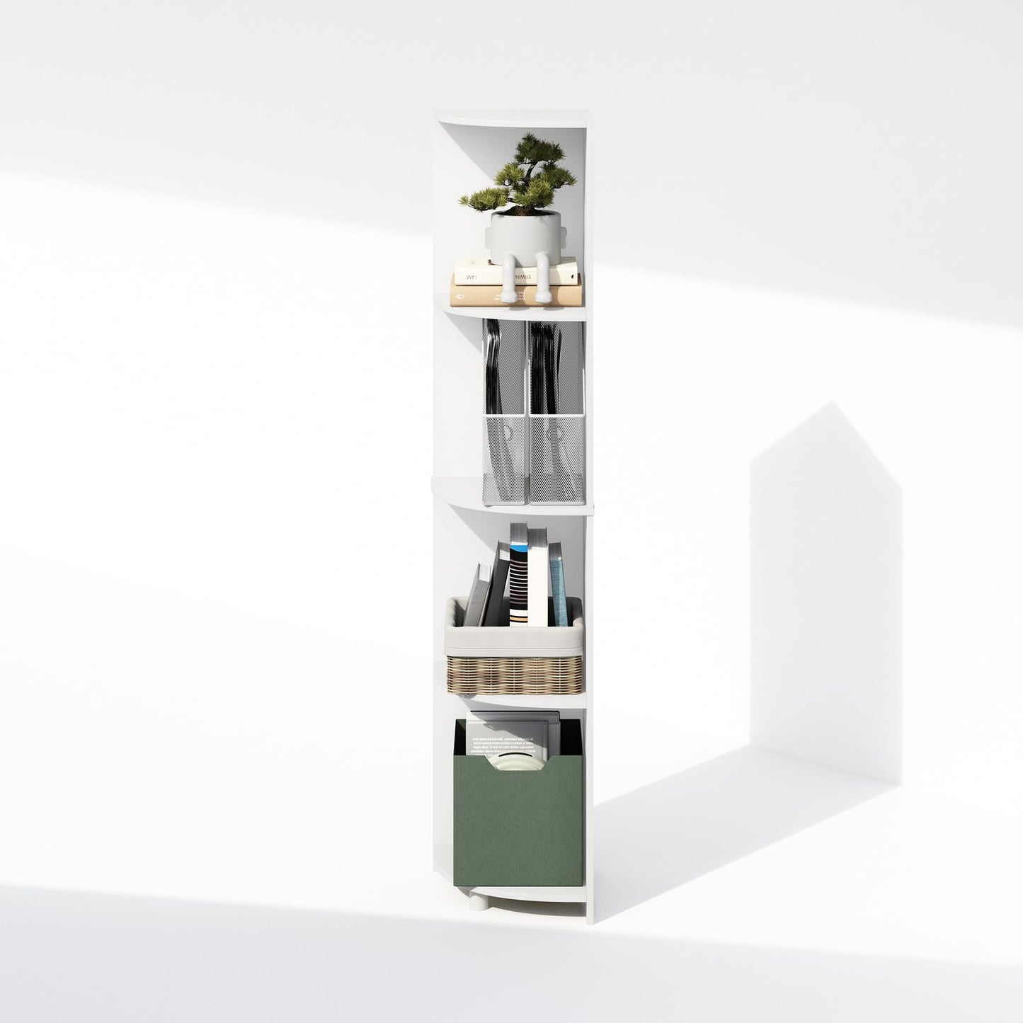 Furinno Basic Book Shelf, 4-Tier Bookshelf, Bookcase with Corner Shelf, 12 x 12 x 57.1, for Living Room, Bedroom, Home Office, White