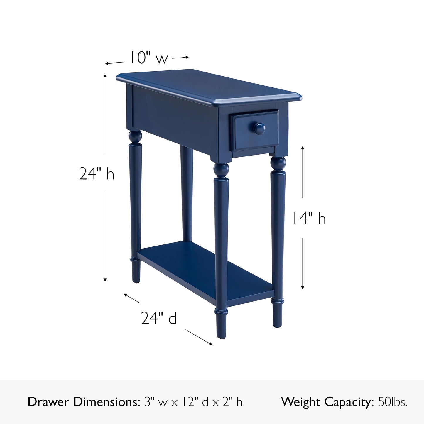 Leick Home Coastal End Table, Solid Wood, 1 Drawer, Bottom Display Shelf, Easy-Assembly, for Living Room/Bedroom, Navy, 23.5 in. L x 10.0 in. W x 24.0 in. H, 20017-NV