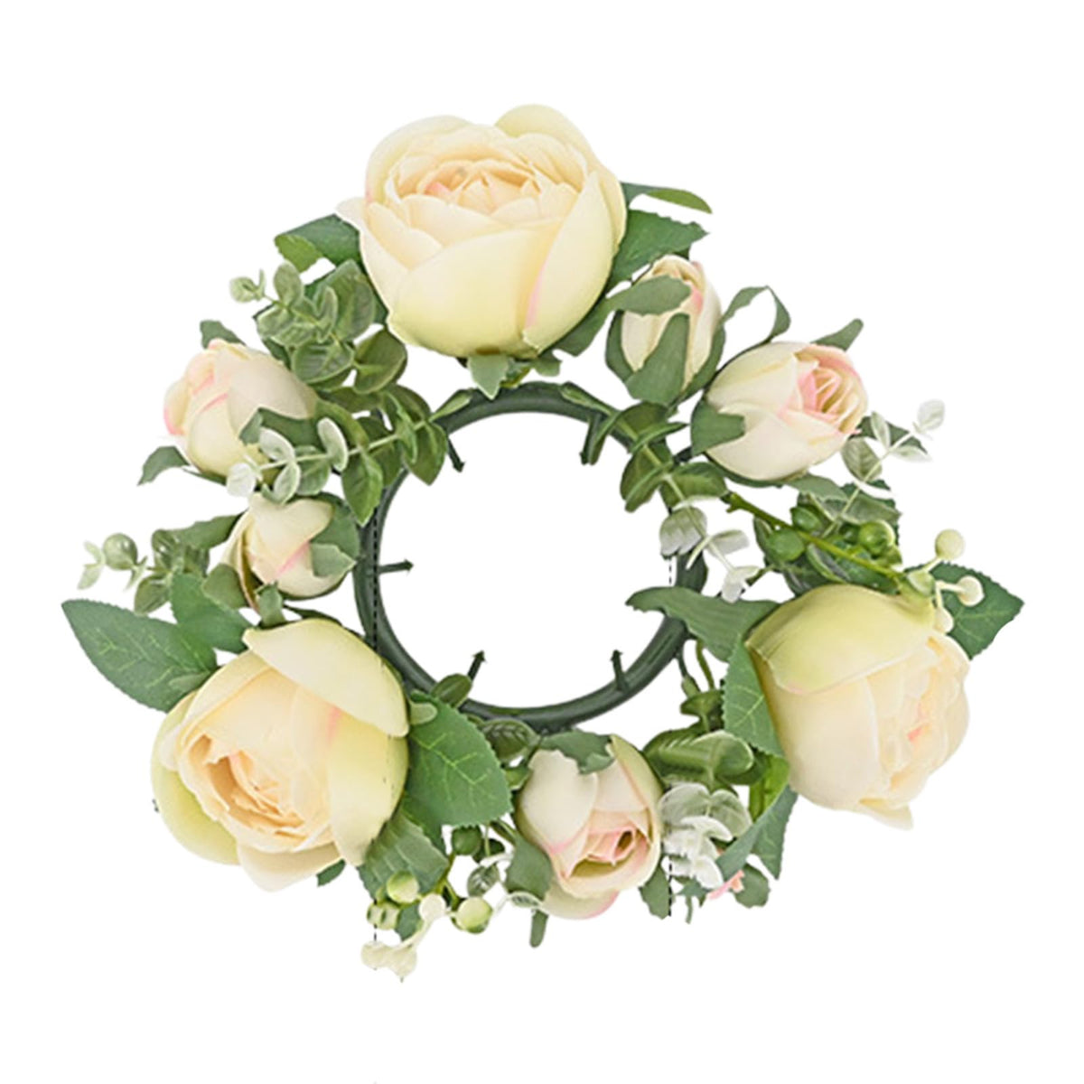 Artificial Rose Candle Rings Wreath Mini Floral Wreaths Pillar Candle Holder with Blooming Flowers and Green Leaves for Wedding Party Home Table Centerpieces Decor (Beige)