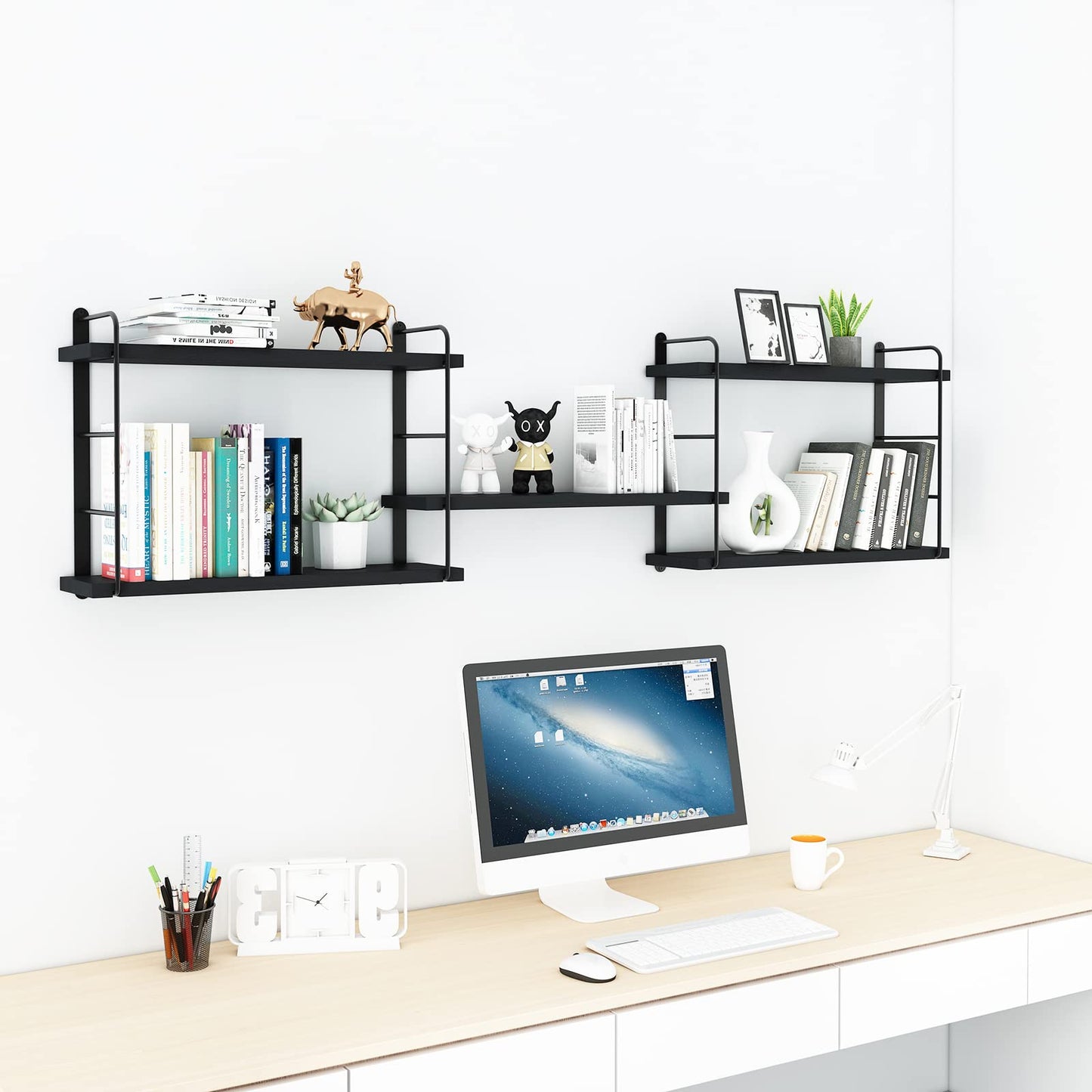MXCSE Wall Shelves, Wall Mounted Bookshelves, DIY Floating Shelves for Wall, Wood Hanging Book Shelves for Room, Bedroom, Living Room, Easy Installation (Black, 50W x 17H)