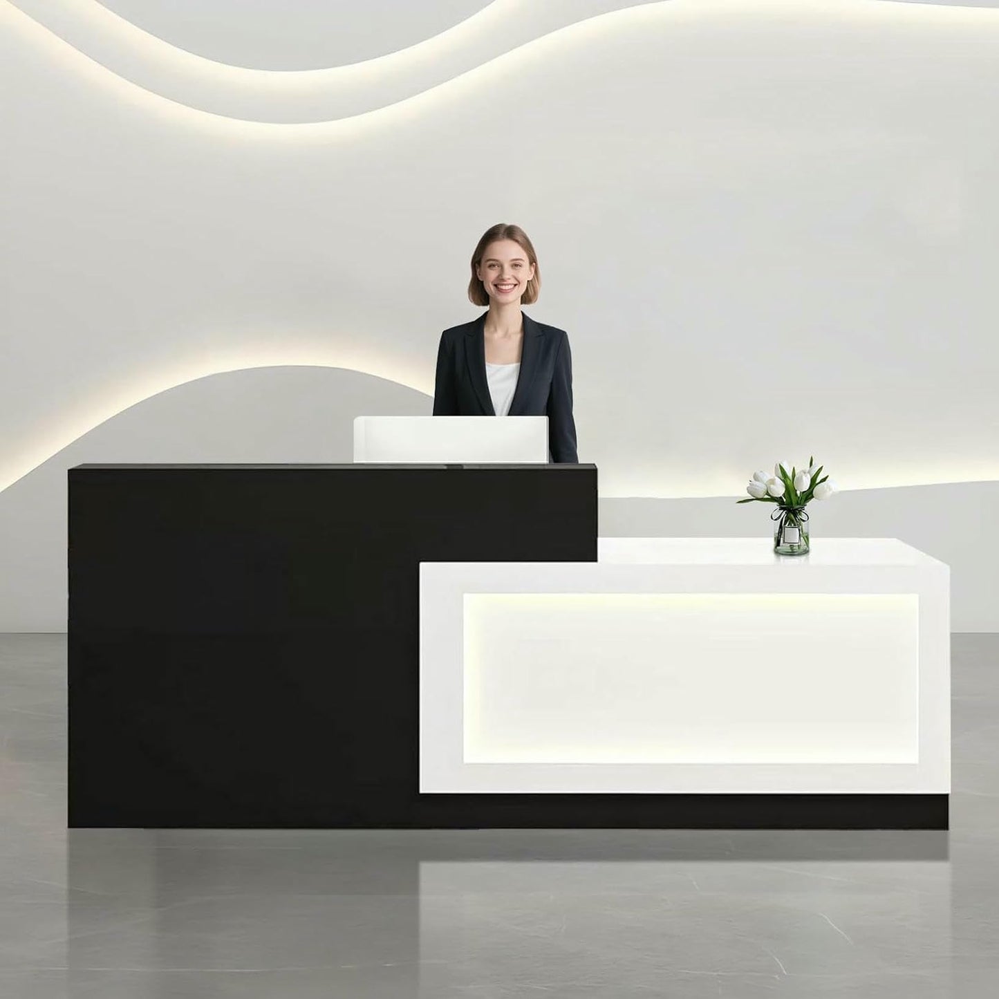 BTOIASYHF White and Black Reception Desk with LED Light 71inch/180cm Wooden Commercial Receptionists Desk Front Reception Counter Table Computer Workstation for Office Salon Checkout Left