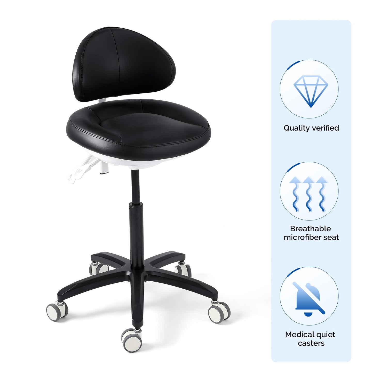 JMU Dental Stool, Adjustable Height Rolling Stool with Backrest, 350lbs Load Capacity Microfiber Leather, for Medical Clinic Lab Tattoo Salon, Black