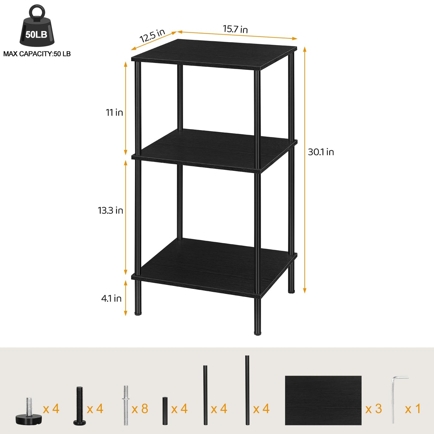 ETELI Tall Side Table with Storage 3 Tier Black End Table Metal Storage Shelves for Living Room Bedroom Bathroom Small Slim Table for Office