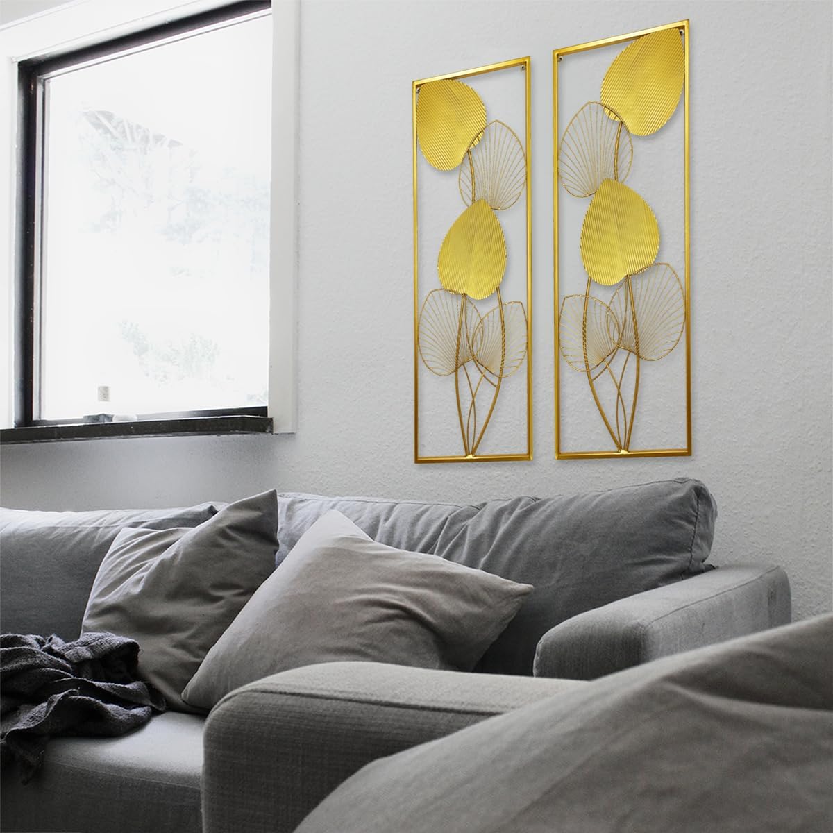 XUANYUQL 2 Pieces Metallic Leaves Wall Decors Luxury Golden Metal Art Wall Sculptures 32" X 12" Modern Wall Hanging Sculptures with Frame for Bedroom Living Room Kitchen Dining Room Office