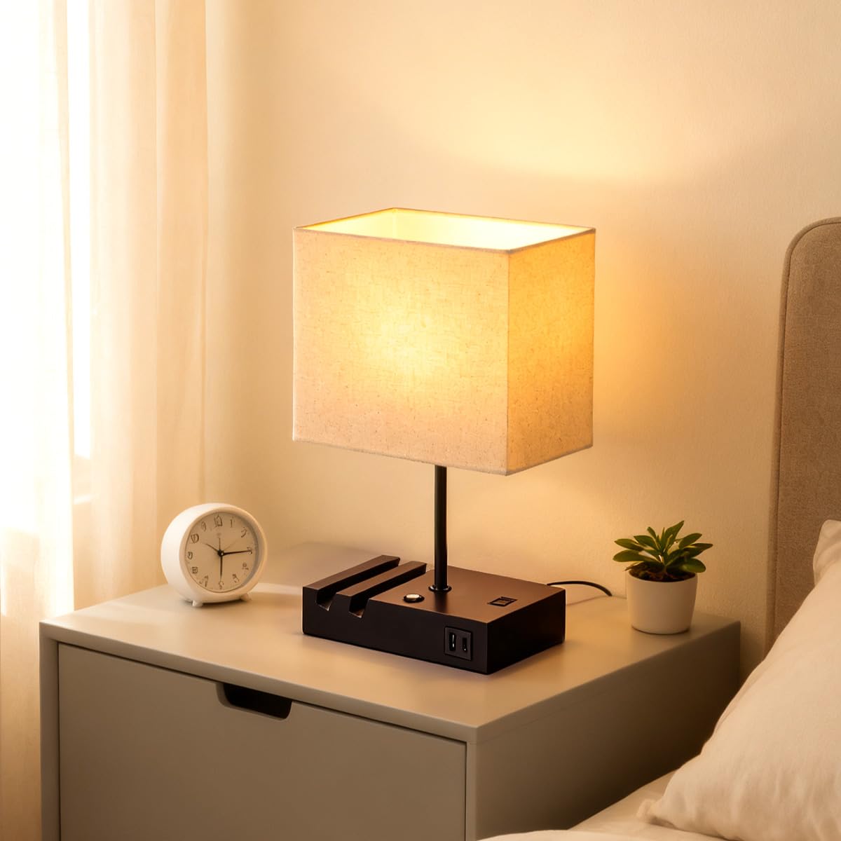 HoperBriwght Touch Nightstand Lamp with USB C Port for Bedroom, Bedside Lamps with Charging Station, Small Table Lamp with Charging Outlets and Phone Stands Bulb Included (Black)