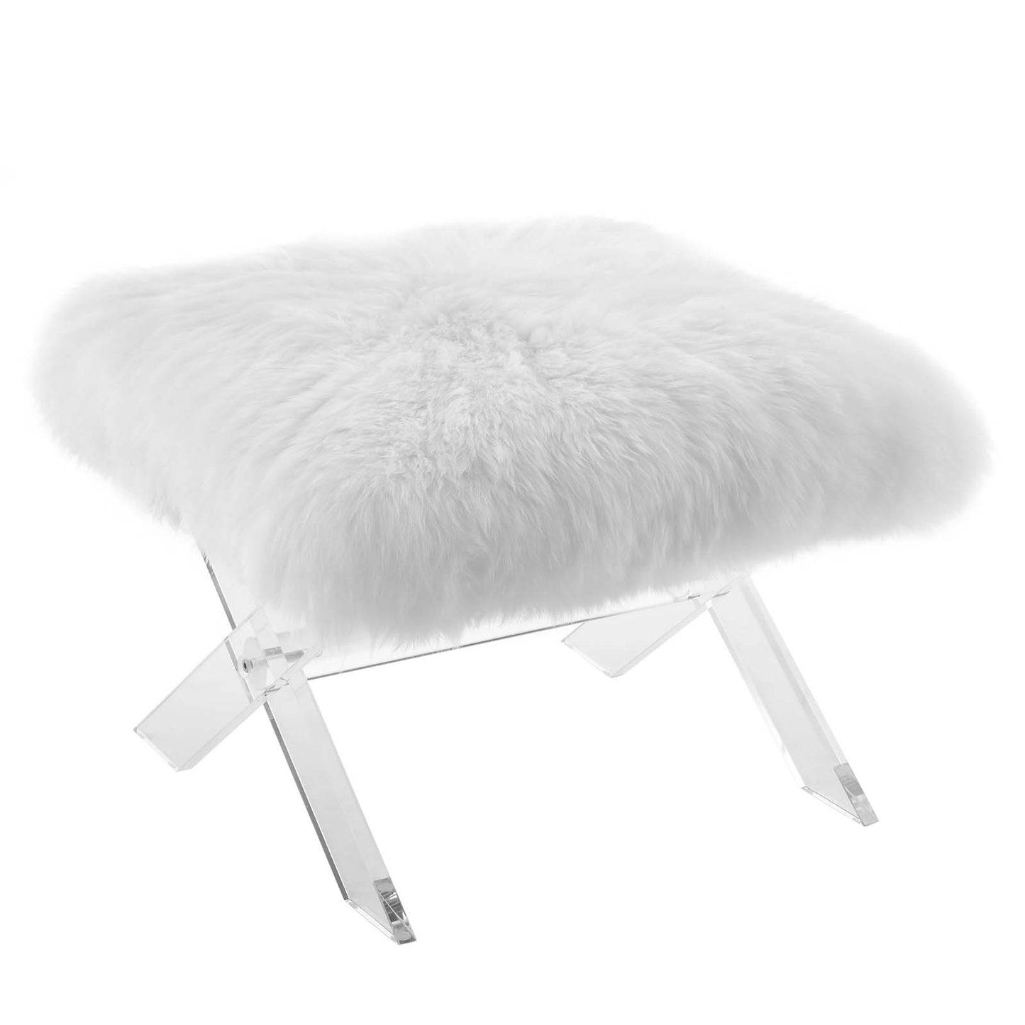 Modway Swift Acrylic X-Base Entryway Modern Bench With Authentic Pure White Sheepskin