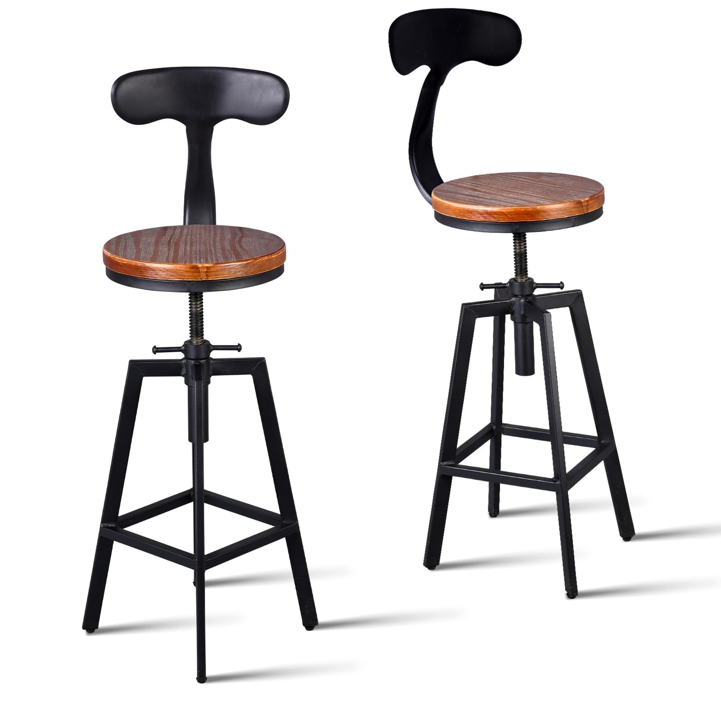 Diwhy Industrial Bar Stools,Kitchen Dining Chair,Wood Top Stool,Adjustable Height Swivel Counter Height Bar Chair with Metal Backrest,Black,Fully Welded Set of 2 (Brown Wooden Top with Iron Backrest)
