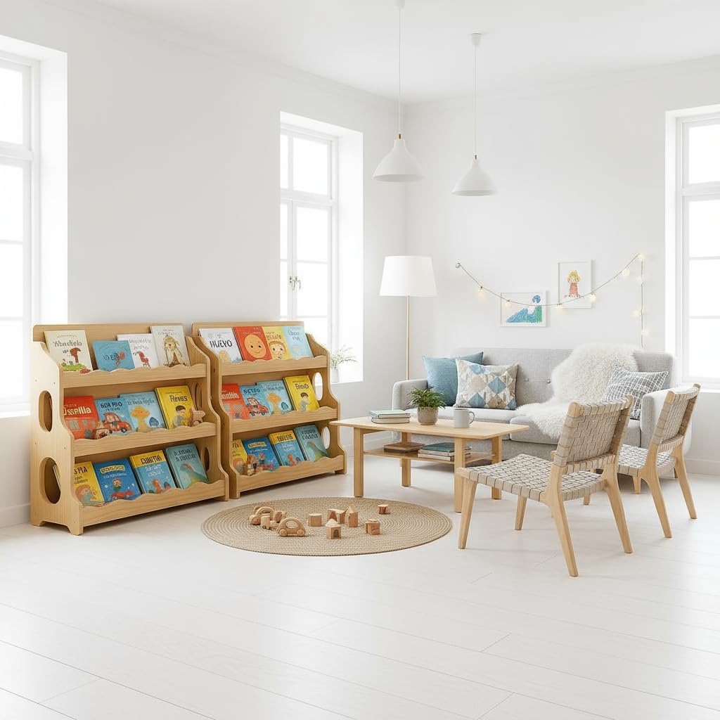 AMMEHOELA Wood Kids Bookshelf Montessori DutchDesign,Maplewood GrainPattern