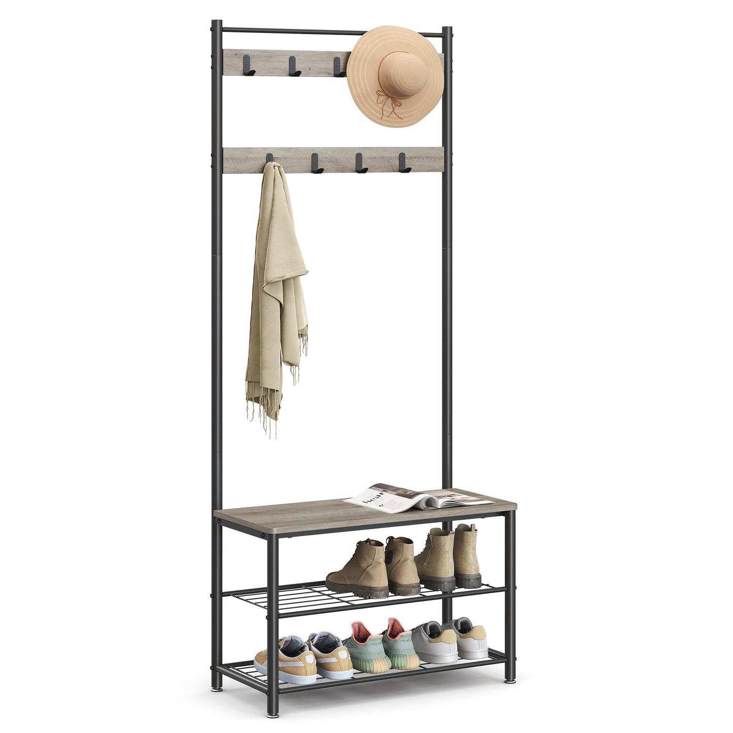 VASAGLE Coat Rack, Hall Tree with Shoe Storage Bench, Entryway Bench with Shoe Storage, 3-in-1, Steel Frame, for Entryway, 12.6 x 27.6 x 68.9 Inches, Industrial, Greige and Black UHSR41MB