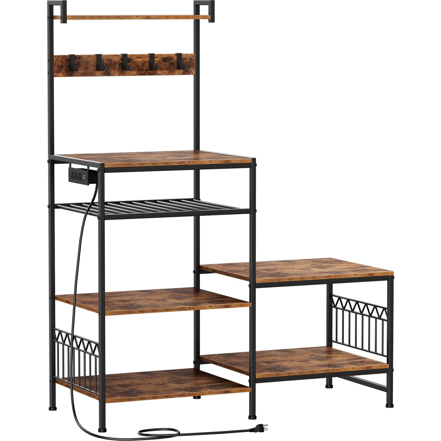 Portin Mini Fridge Stand Coffee Bar Cabinet with Power Outlet, Mini Fridge and Microwave Stand with S-Hooks, 7 Storage Shelf Rack for Dorm,Office - Kitchen Bakers Rack