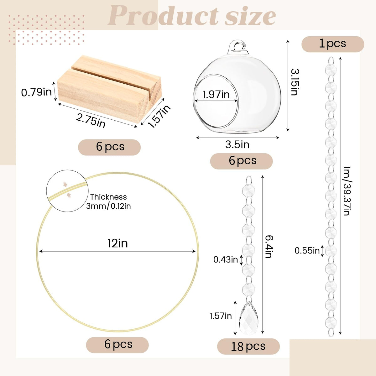 Leinuosen 6 Pack 12'' Metal Floral Hoop Centerpieces Set with Wooden Stand, Hanging Candle Holder, Acrylic Crystal Pendant Garland Crystal Garland String, for DIY Wedding Party Tabletop Decoration