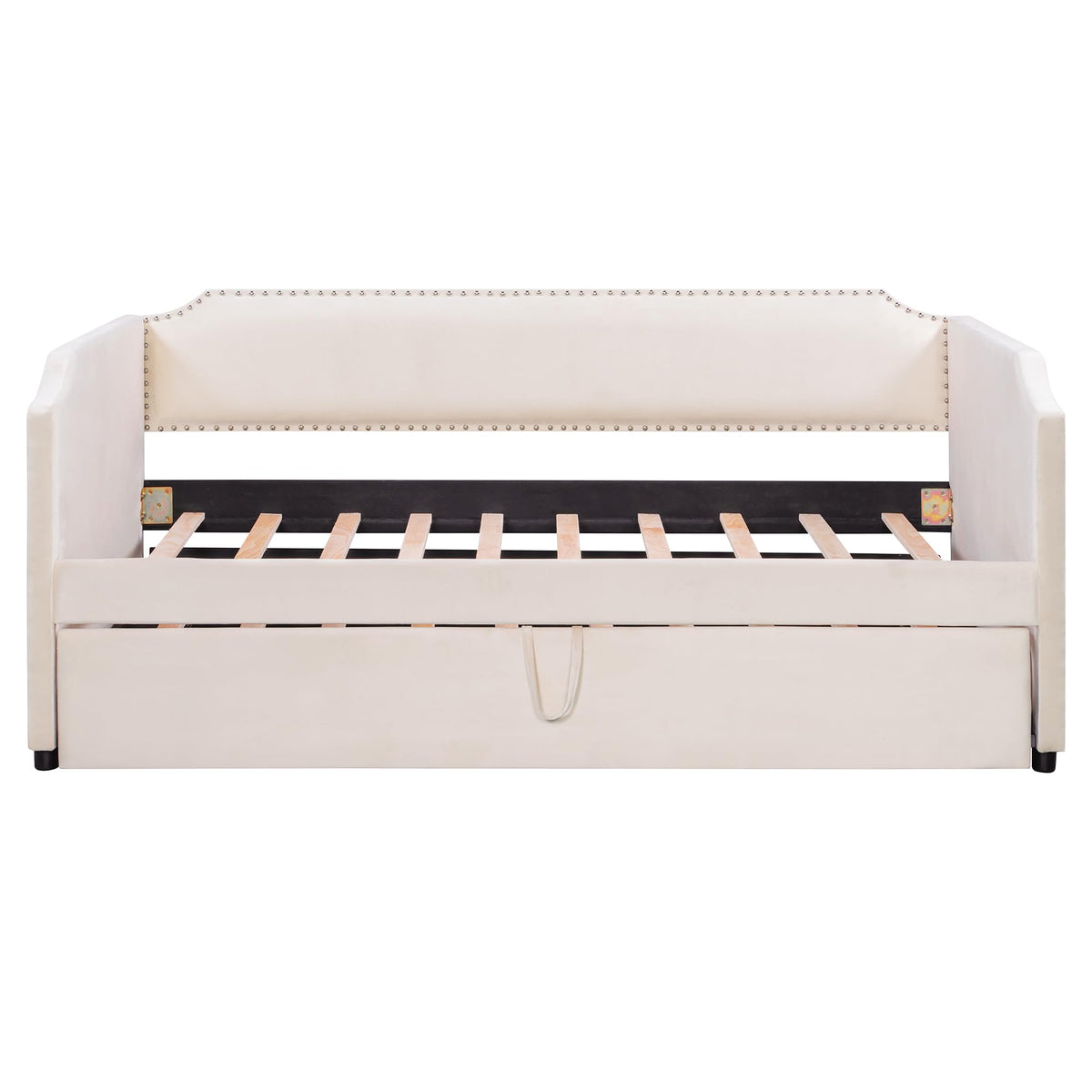 Merax Velvet Upholstered Daybed with Pop Up Trundle Twin to King Desigin, Twin Size Extendable Sofa Bed, Easy Assembly,No Box Spring Needed, Beige