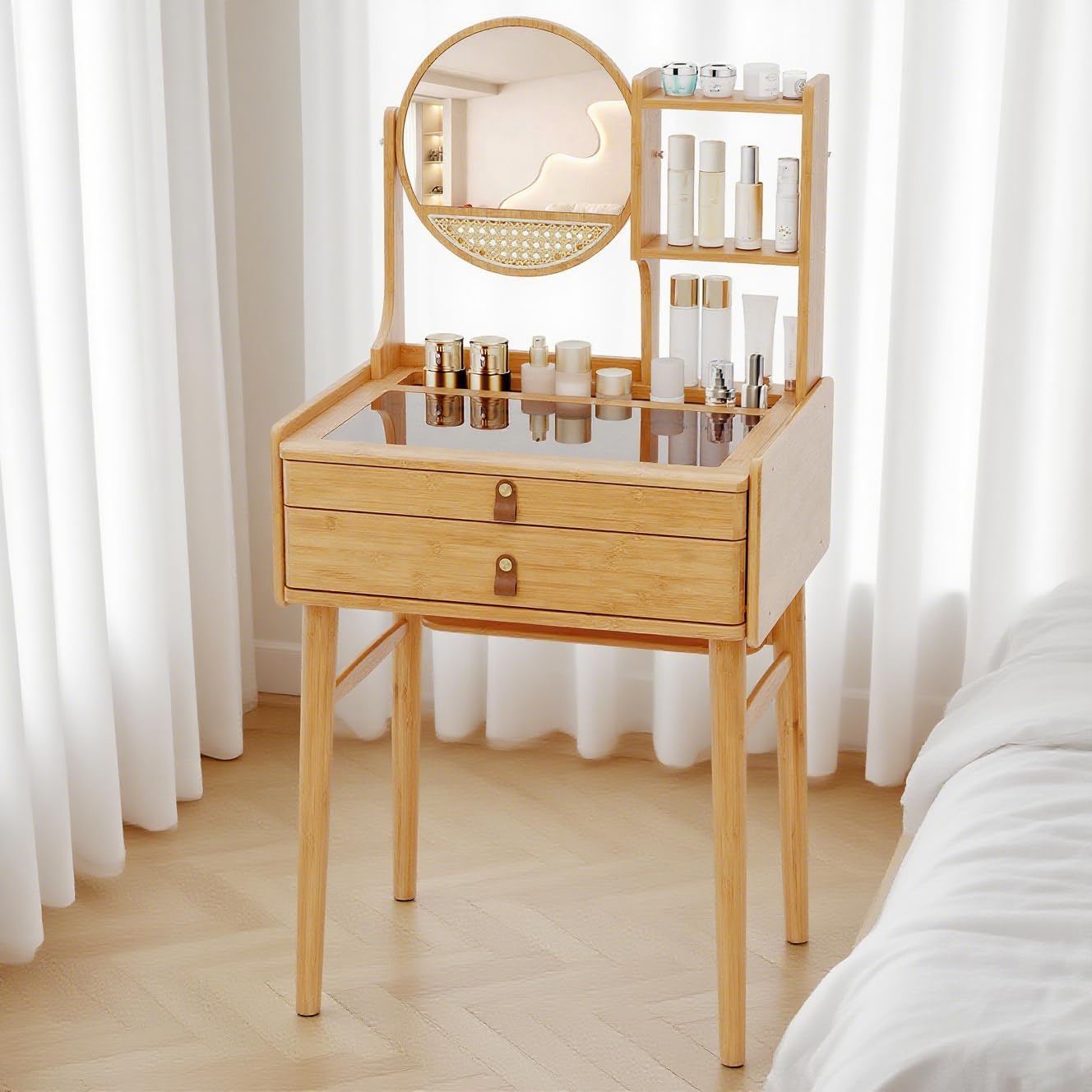 COSTWAY Vanity Desk with Mirror, Bamboo Makeup Vanity Set w/ 2 Drawers, 2 Shelves, Tabletop Storage Compartment & Clear Tempered Glass Tabletop, Small Bedroom Dressing Table for Adult Teens