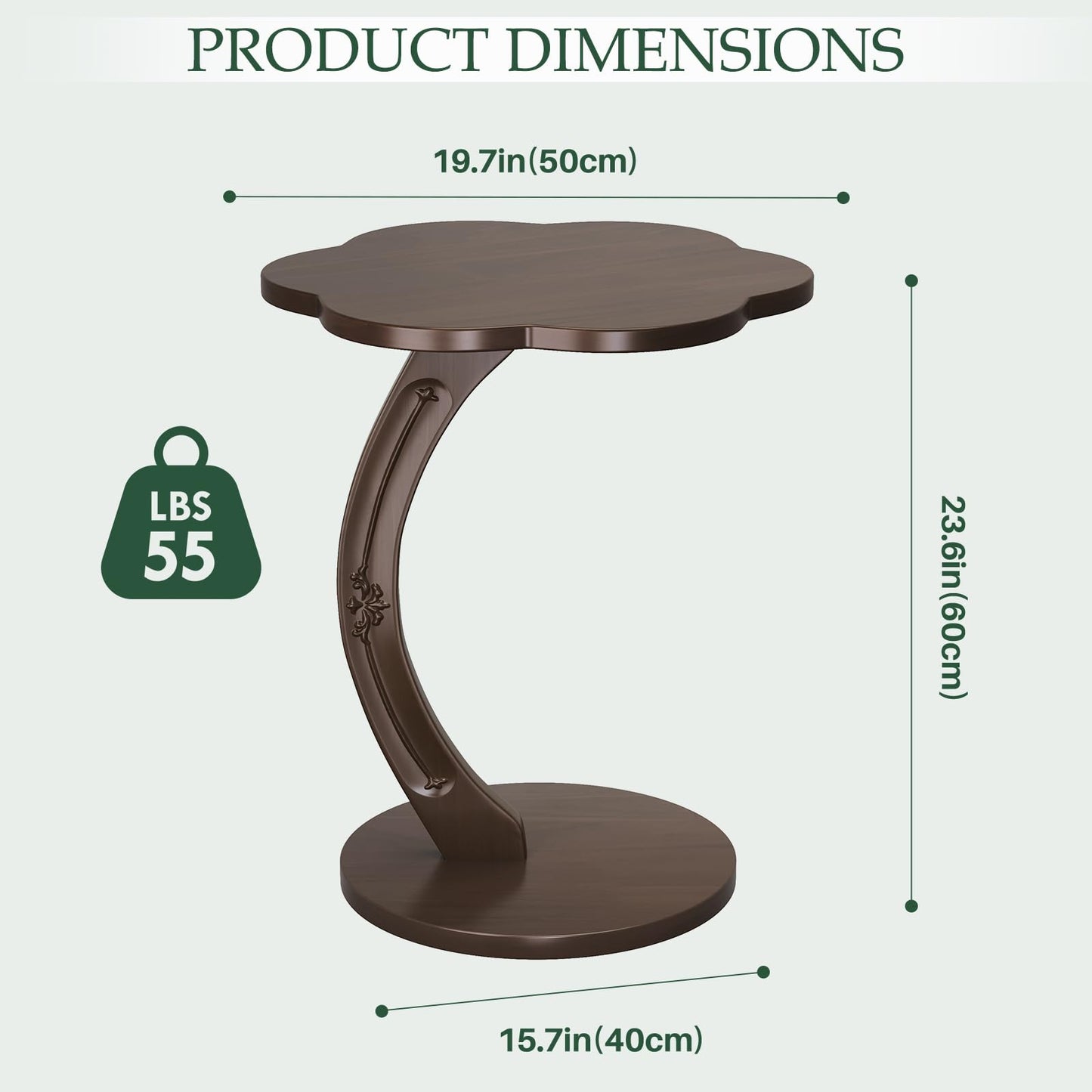MYOTA C-Shaped End Table for Couch - Round Small C Side Table, Flower Handmade Wood Sofa Couch Tables That Slide Under Bedside, Saving Space Wooden Tray for Living Room, Small Space, (Dark Walnut)