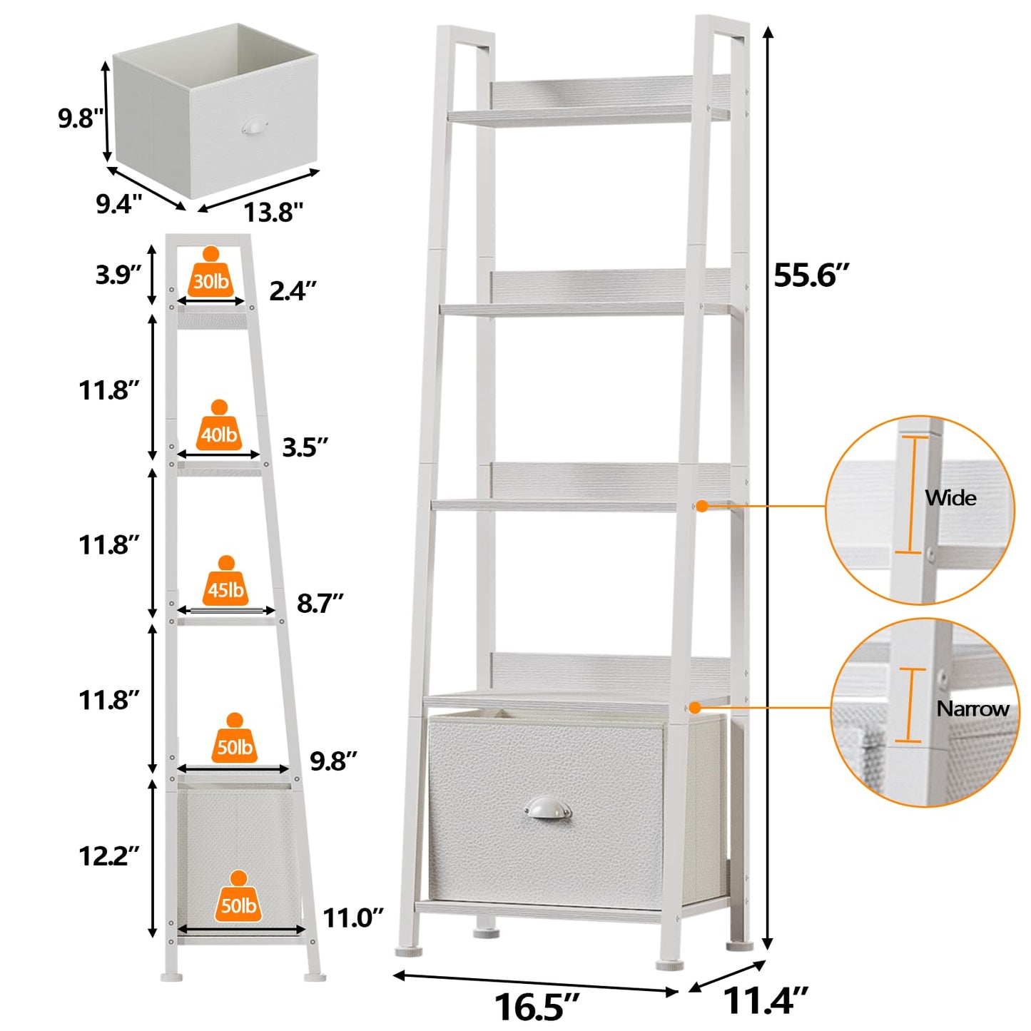 Furologee 5-Tier White Ladder Shelf, Ladder Bookshelf with Removable Drawer, Mordern Bookcase Storage Rack Organizer, Wood Metal Freestanding Storage Shelves for Living Room, Home Office, Bedroom