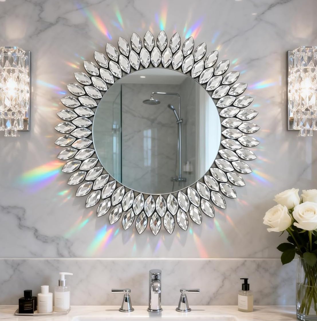 HMANGE Jeweled Luxury Crystal Diamond Round Wall Mirror, 24"x24" Decorative Wall Mirror, Crystal Vanity Mirror for Bathroom, Entryway, Living Room & Fireplace Decor