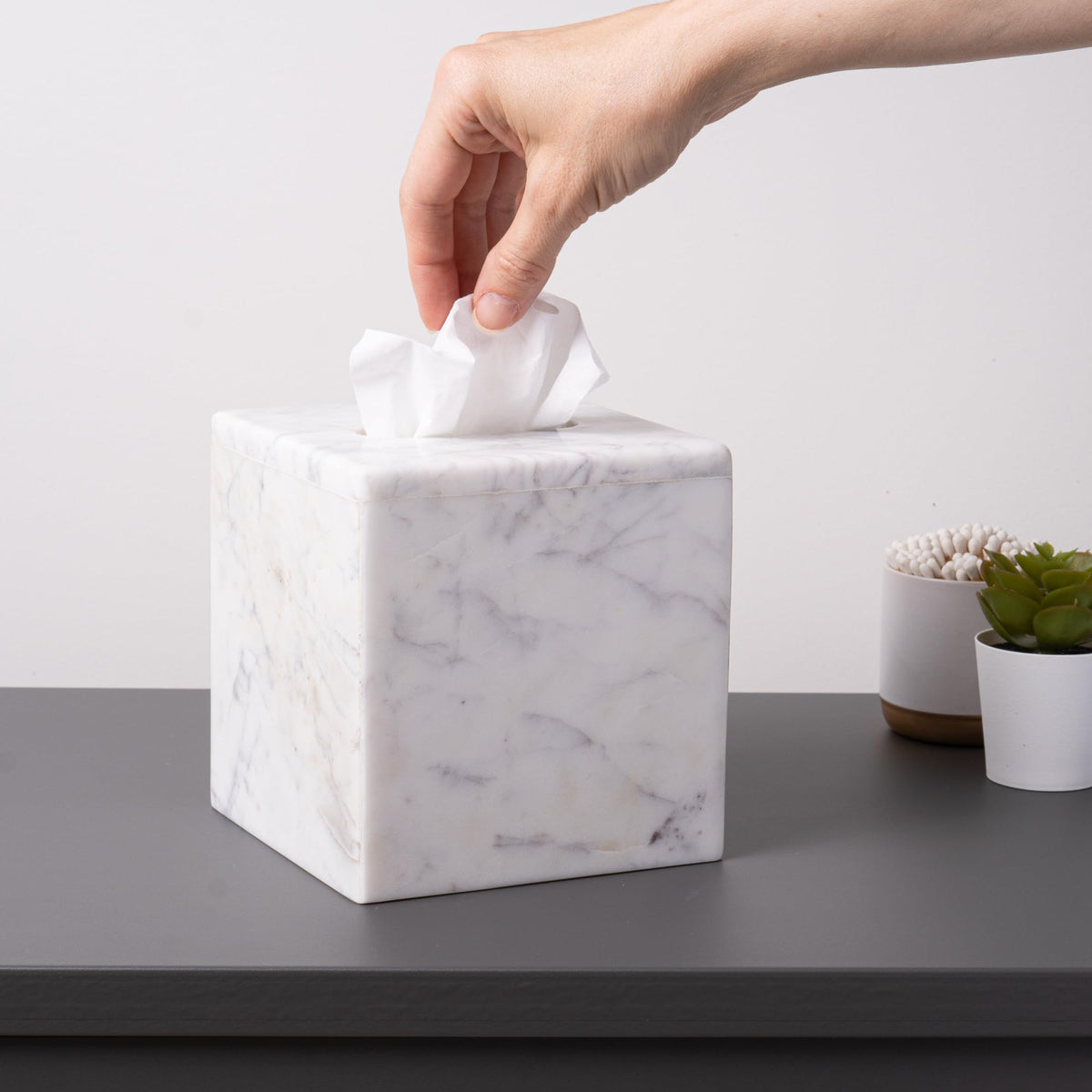 Cork & Mill Marble Tissue Box Cover for Kleenex and More, Decorative Cube Style Holder, Large Square Facial Tissue Dispenser Container for Home, Real Solid White Marble Bathroom Accessory