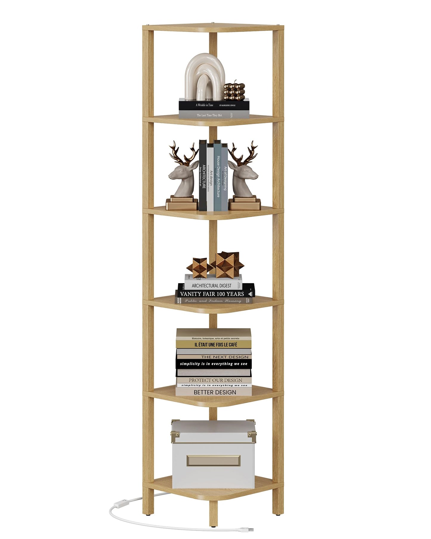 TUTOTAK Corner Shelf with LED Light, 6-Tier Corner Bookshelf for Small Space, Narrow Display Corner Shelf Stand with Storage Rack, for Living Room, Bedroom, Natural BS08BN006L