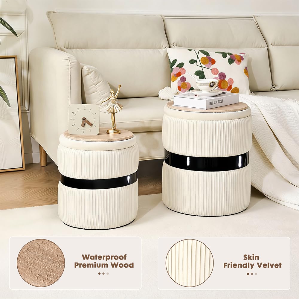 2BYF Velvet Round Ottoman Set of 2 with Storage, 12 Gallon Hidden Storage Ottoman, Multi-Functional Footrest Stool, Vanity Seat, Coffee Table, No Assembly Required, Holds 300lbs, (White)