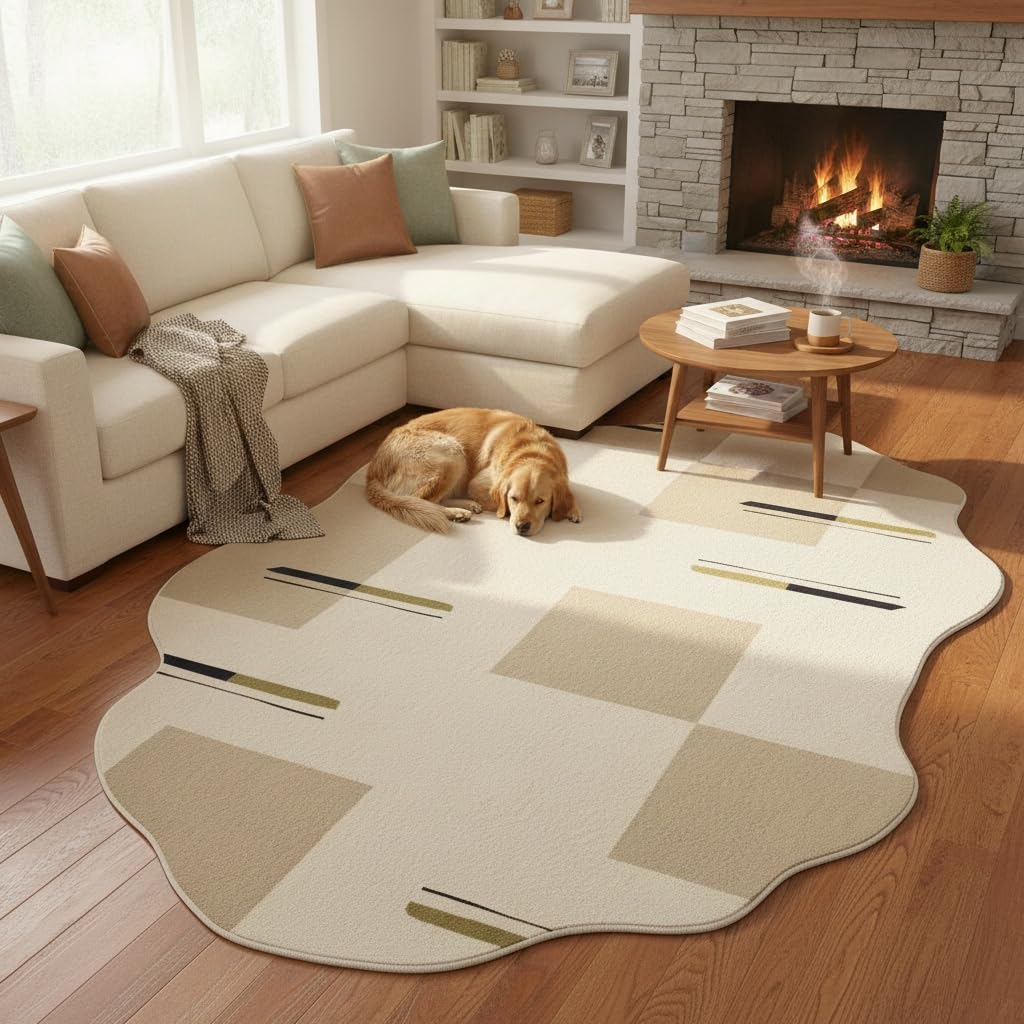 Modern Irregular Shaped Area Rug Cream Beige Abstract Shaped Rug for Living Room Bedroom Diningroom Non Slip Washable Unique Designer Rug Minimalist Boho Meetingroom Home Office Foldable Carpet 5x8