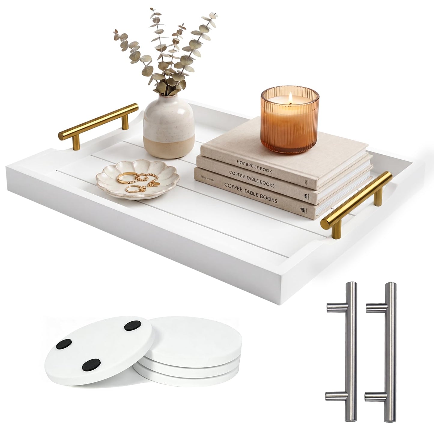 ComfyTune Wood Serving Tray with Metal Handles, 17x13in Large Wooden Tray for Ottoman, Coffee Table, Breakfast, Dinner & Bar, Decorative Tray for Living Room, Bedroom, Bathroom and Kitchen, White