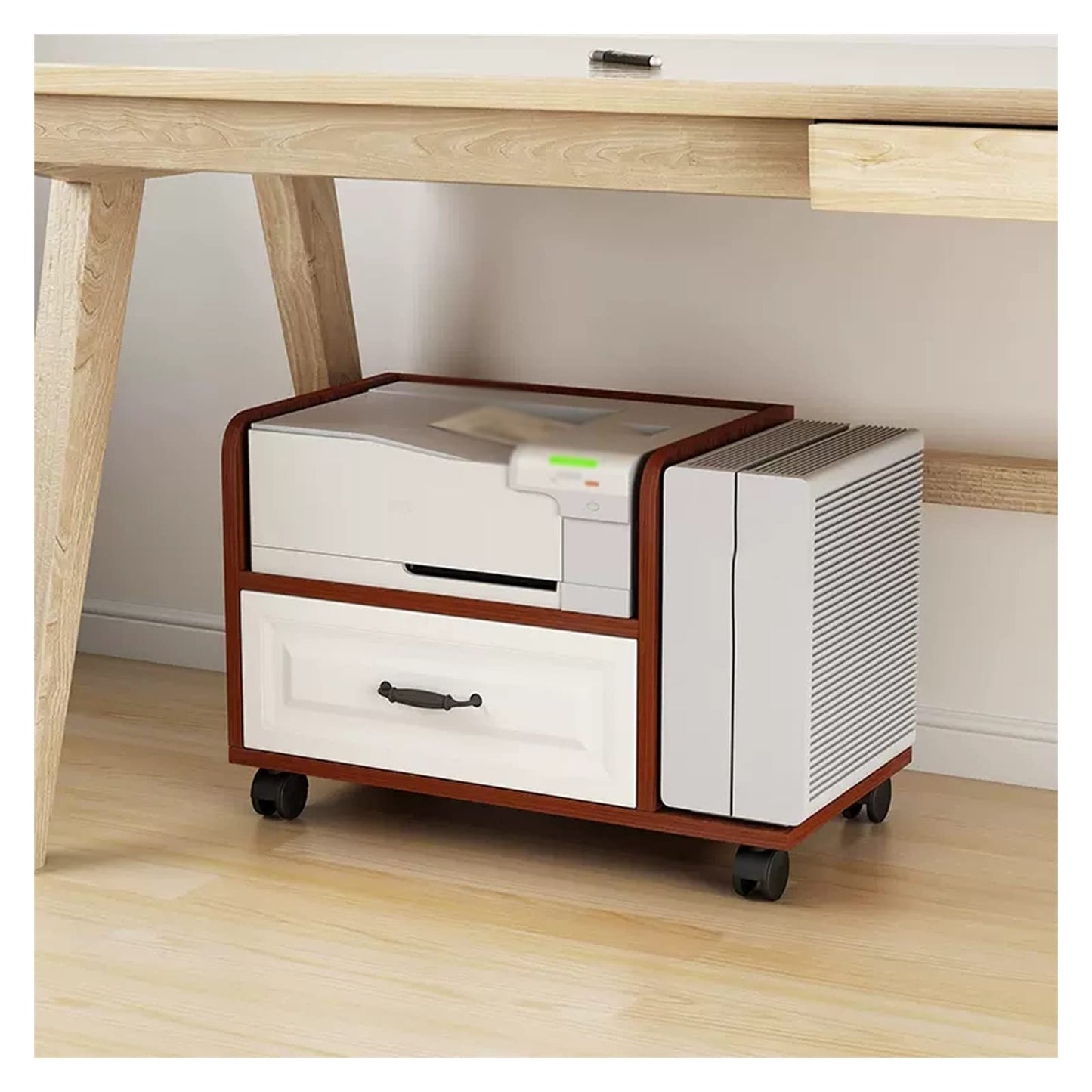 Mobile Printer Cart with Wheels, Under Desk Printer Stand, Multi-Functional Office Furniture with Storage Drawer & CPU Rack, Ideal for Home & Office Use (Brown)