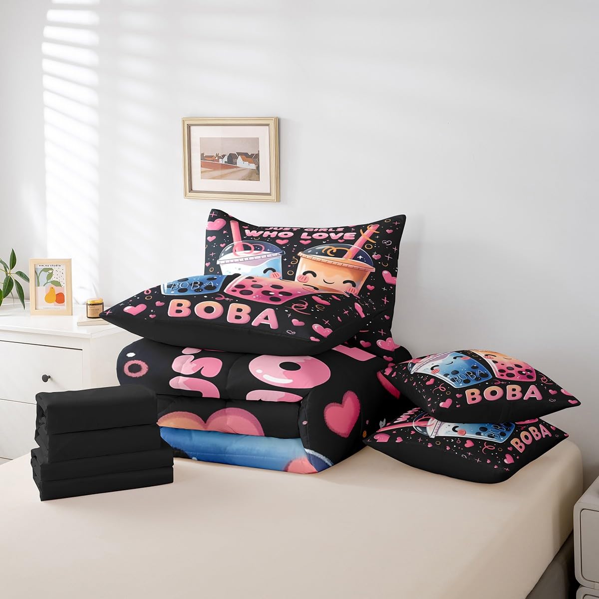 Erosebridal 7 Piece Boba Tea Queen Bedding Set,Bubble Tea Bed Set Cute Boba Gifts for Kids Teen Girls,Funny Food Theme Comforter Set Kawaii Anime Bed in a Bag with Fitted+Flat Sheet,Pillowcases