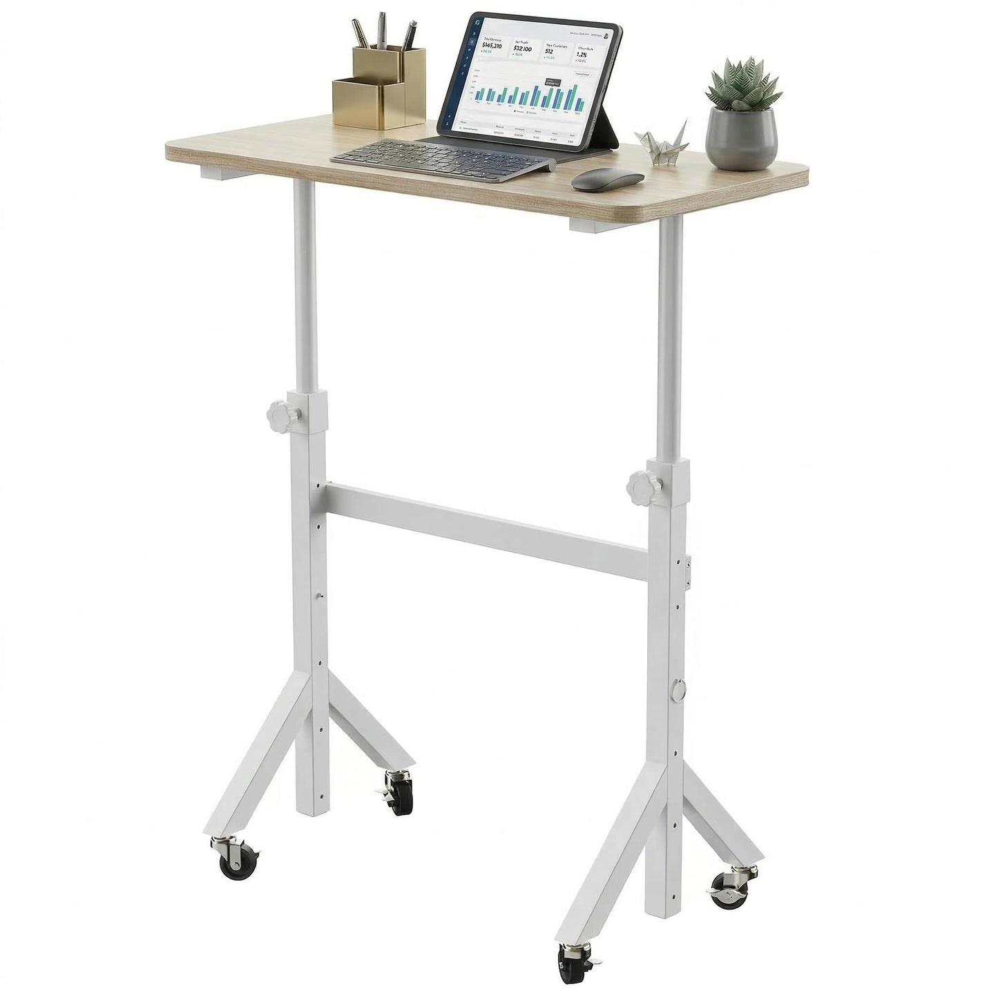 HUANUO 32'' Small Standing Desk Adjustable Heigh, Mobile Stand Up Desk with Wheels, Portable Rolling Desks for Walking Pad and Treadmill, Computer Laptop Desks for Home Office Space,Light Walnut