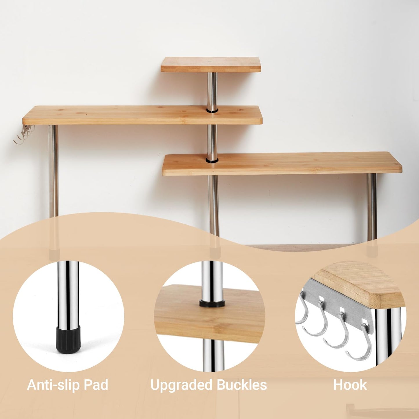 HYNAWIN 3-Tier Corner Shelf, Bamboo & Metal Storage Rack with Hooks, Adjustable Countertop Organizer for Kitchen, Bathroom, Bedroom or Office