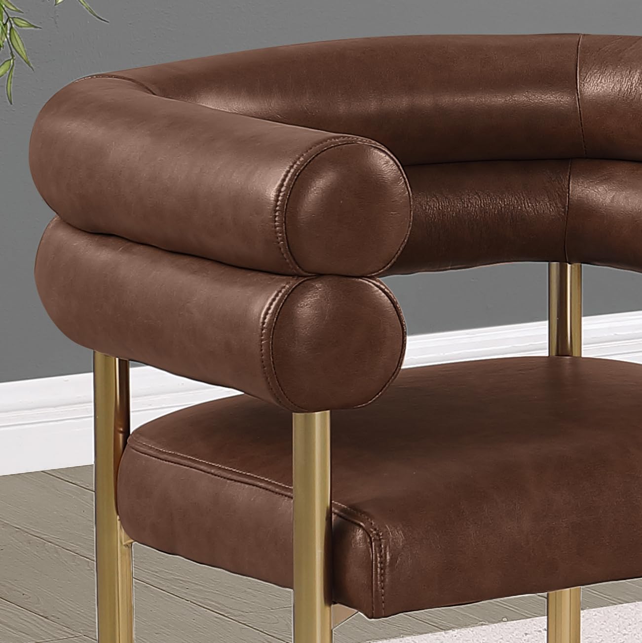 Modern Double Bolster Dining Chairs Set of 2, Leath-Aire Upholstered Tub Chairs with Gold Base, Mid-Century Accent Chairs for Dining Room, Living Room, & Office (Mocha/Gold)