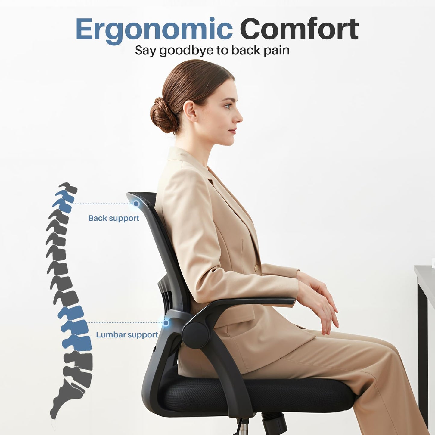DUMOS Home Office Desk Chair - Ergonomic Computer Mesh Chair with Lumbar Support & Rocking Mode, Height Adjustable, Flip-up Armrest, for Conference, Meeting Room, 360° Swivel, Adults, Black