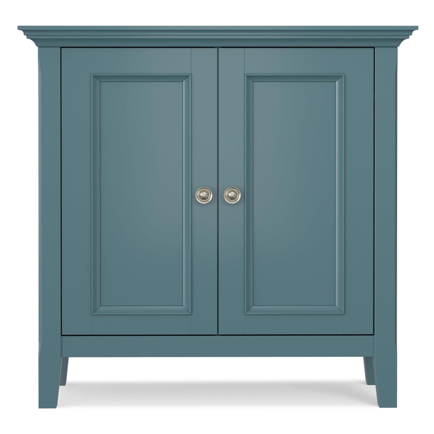 SIMPLIHOME Amherst Low Storage Cabinet - 32 inch Wide Solid Wood 2-Door Accent Cabinet in French Blue, Transitional Living Room or Entryway Storage with Adjustable Shelves and Rectangular Base