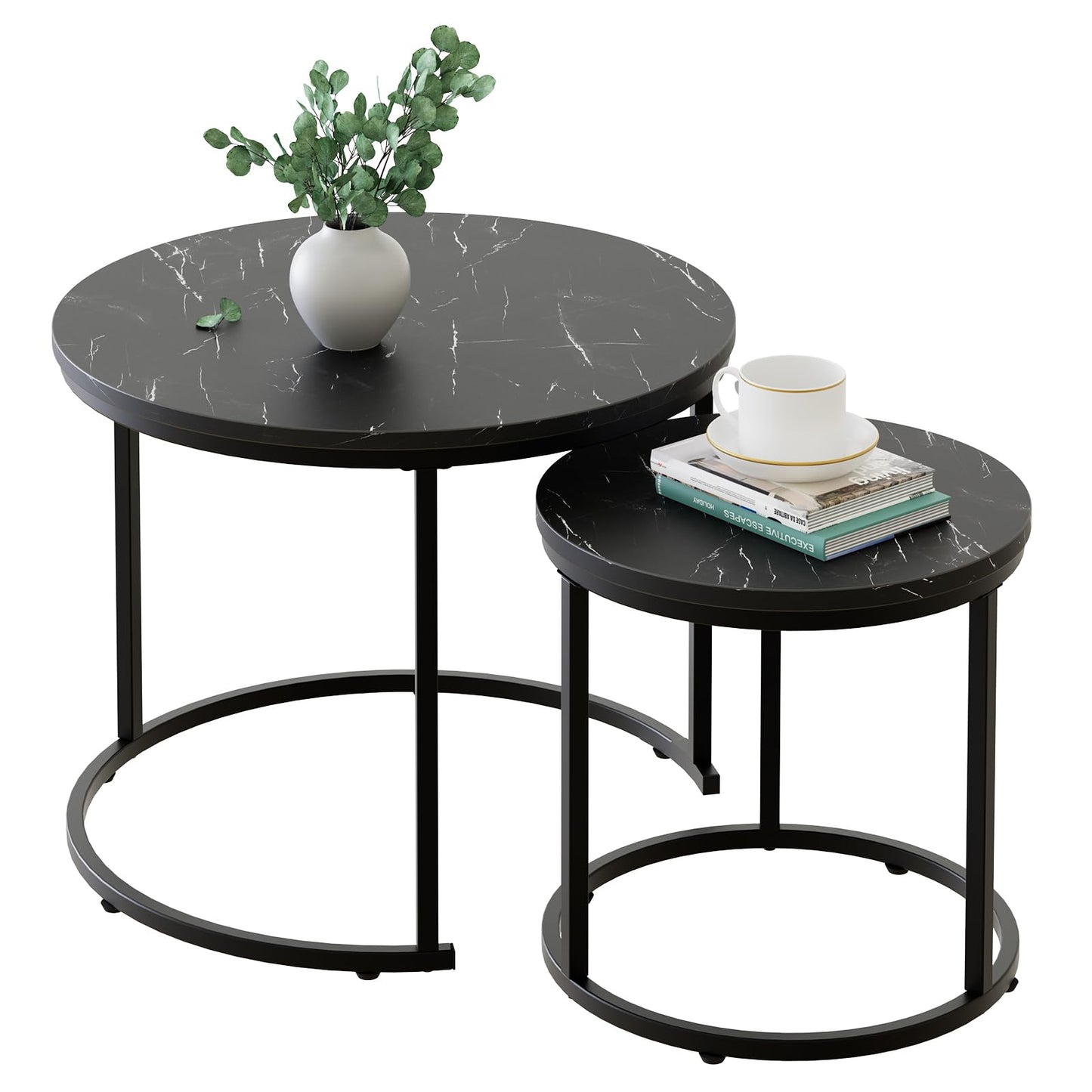 aboxoo Round Nesting Coffee Table Side Set of 2 End Tables for Living Room Bedroom Balcony,Black Faux Marble Wooden Table 23.6IN Accent Large Coffee Table with Steel Frame