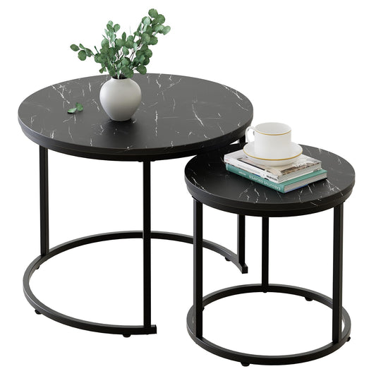 aboxoo Round Nesting Coffee Table Side Set of 2 End Tables for Living Room Bedroom Balcony,Black Faux Marble Wooden Table 23.6IN Accent Large Coffee Table with Steel Frame