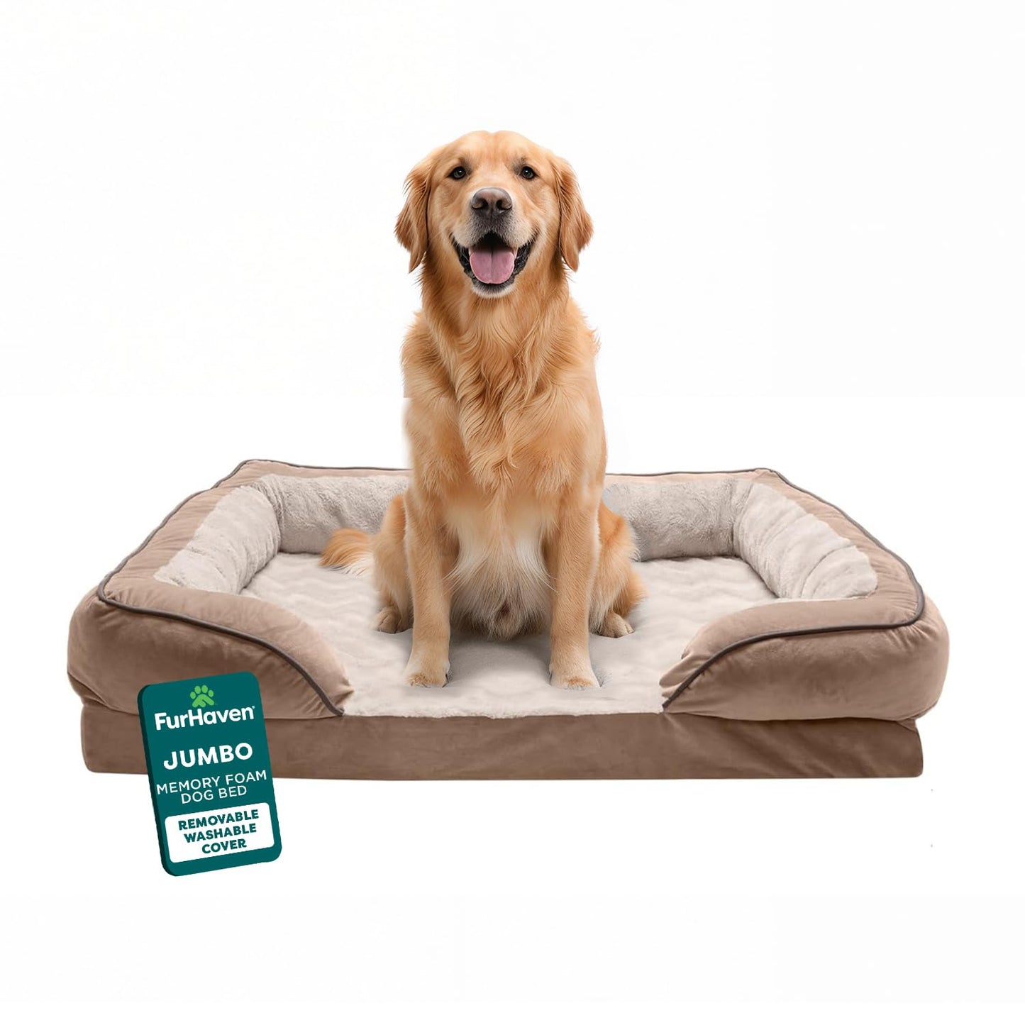 Furhaven Orthopedic Dog Bed for Large Dogs w/ Removable Bolsters & Washable Cover, For Dogs Up to 95 lbs - Plush & Velvet Waves Perfect Comfort Sofa - Brownstone, Jumbo/XL