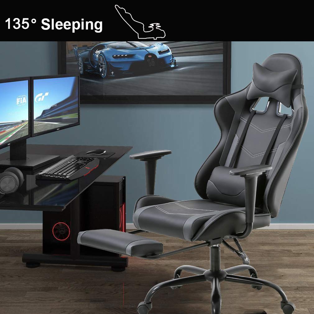 BestOffice | Ergonomic Gaming Chair | Grey | Reclining Computer Chair with Lumbar Support, Headrest Pillow, Adjustable Footrests | 360 Swivel with Heavy Duty Wheels | for Home & Office