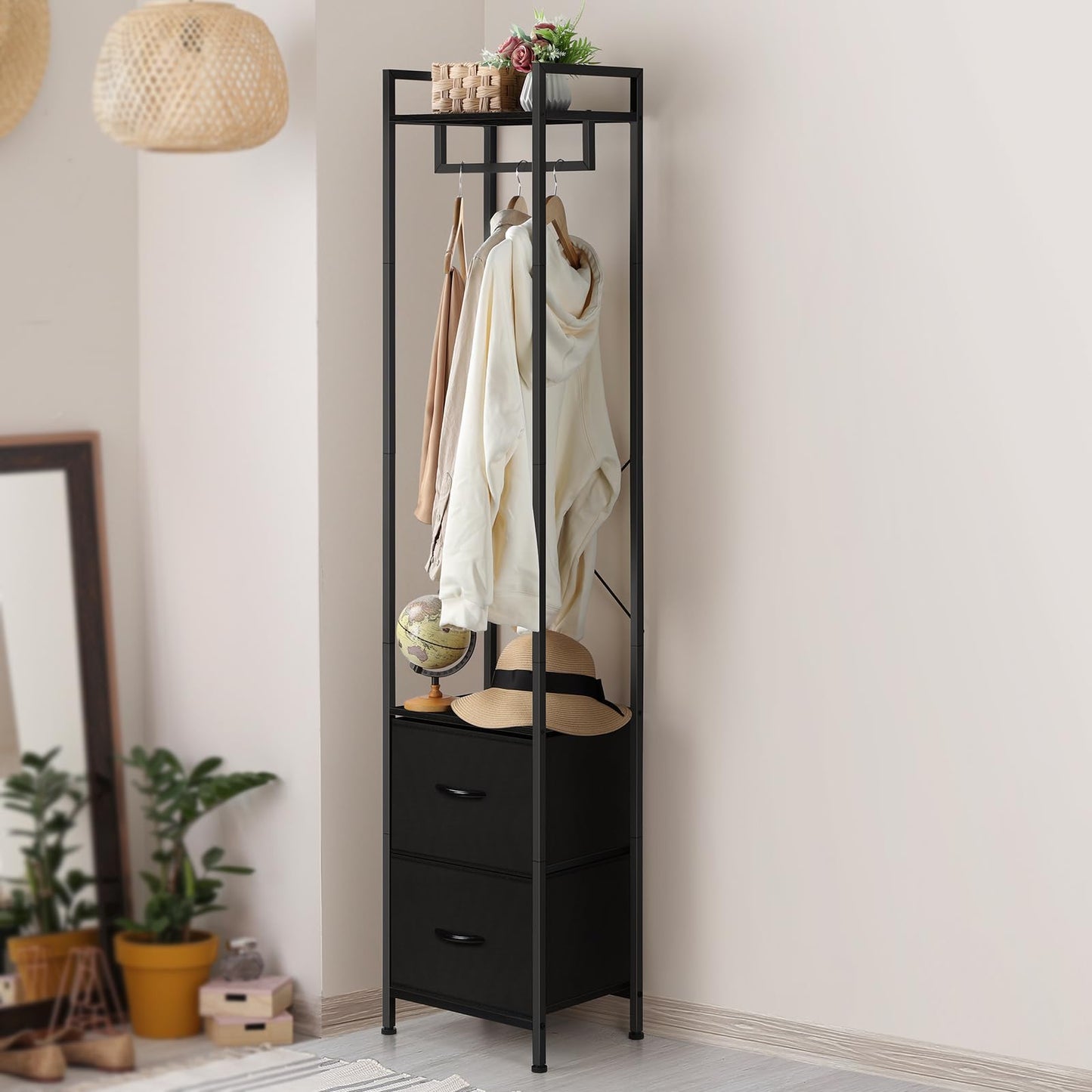 smusei Clothes Rack 3 Tiers Heavy Duty Coat Rack with 2 Fabric Drawers and Storage Shelves Freestanding Cloth Hanger Garment Rack for Bedroom Entryway Living room Black