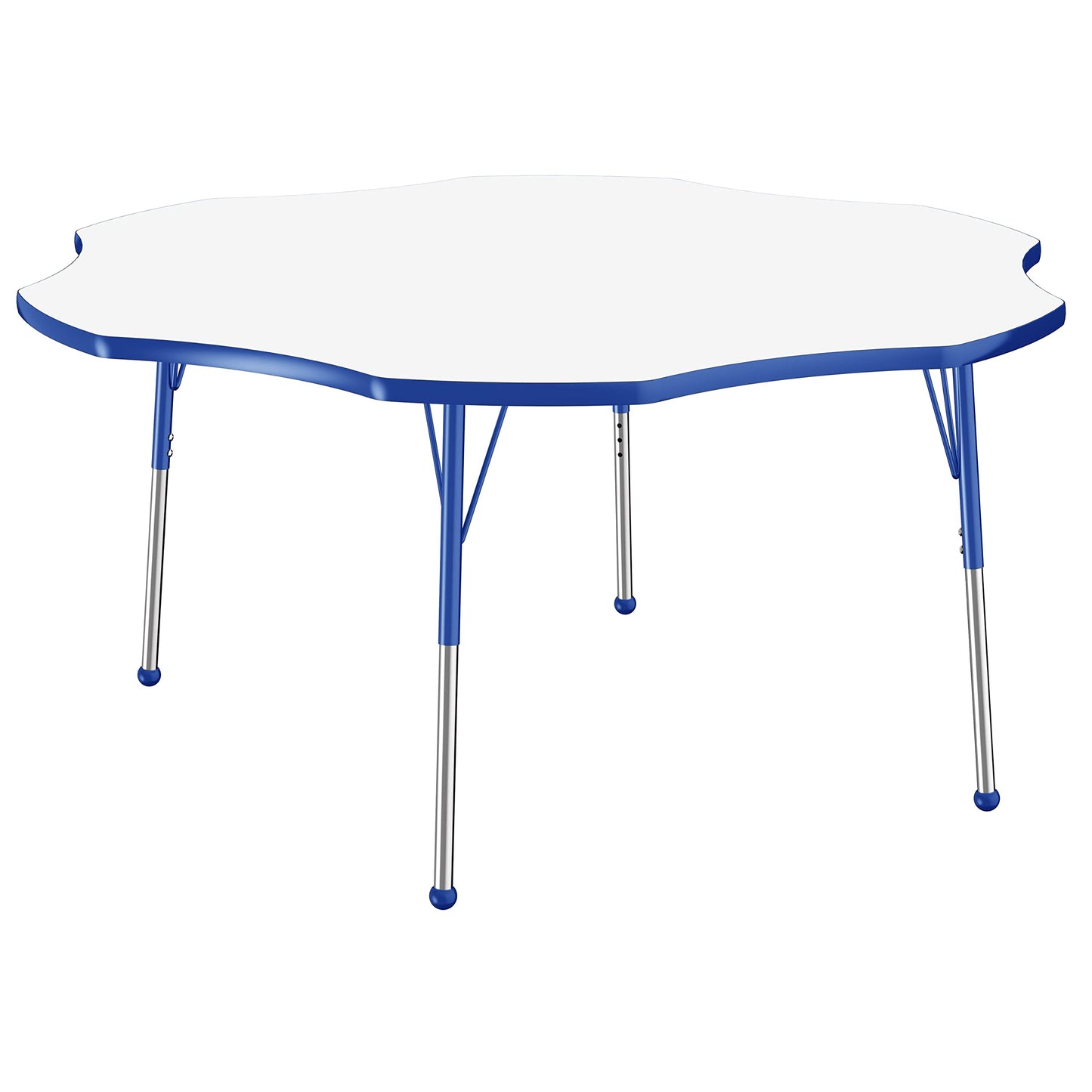FDP Dry-Erase Flower Activity School and Office Table (60 inch), Standard Legs with Ball Glides for Collaborative Spaces, Adjustable Height 19-30 inches - Whiteboard Top, Blue Edge and Matching Legs
